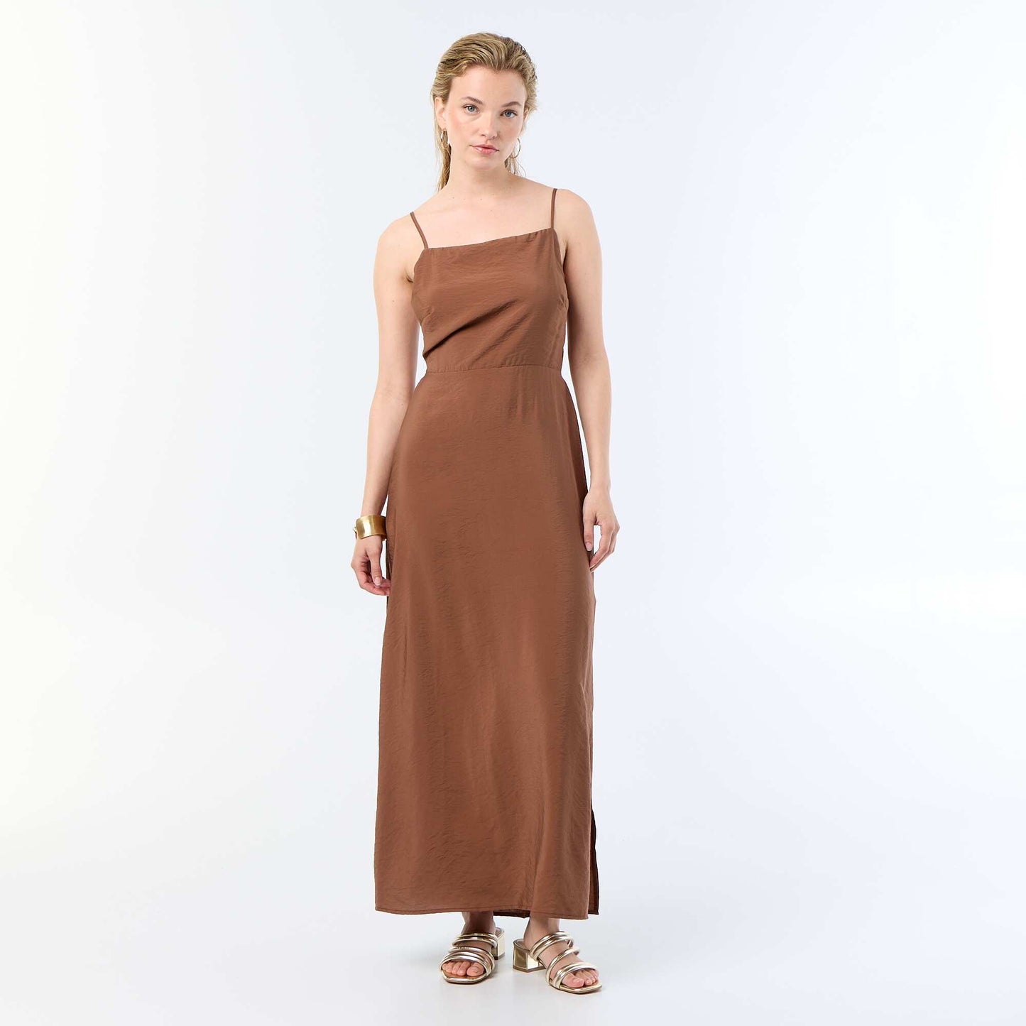 Long satin-effect dress with thin straps BROWN