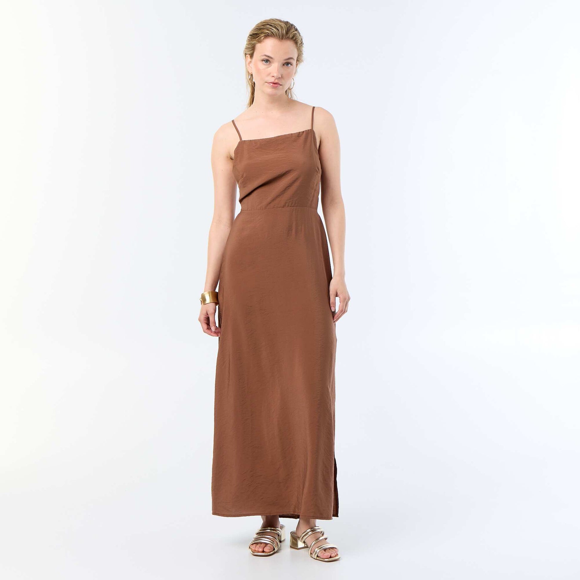 Long satin-effect dress with thin straps BROWN