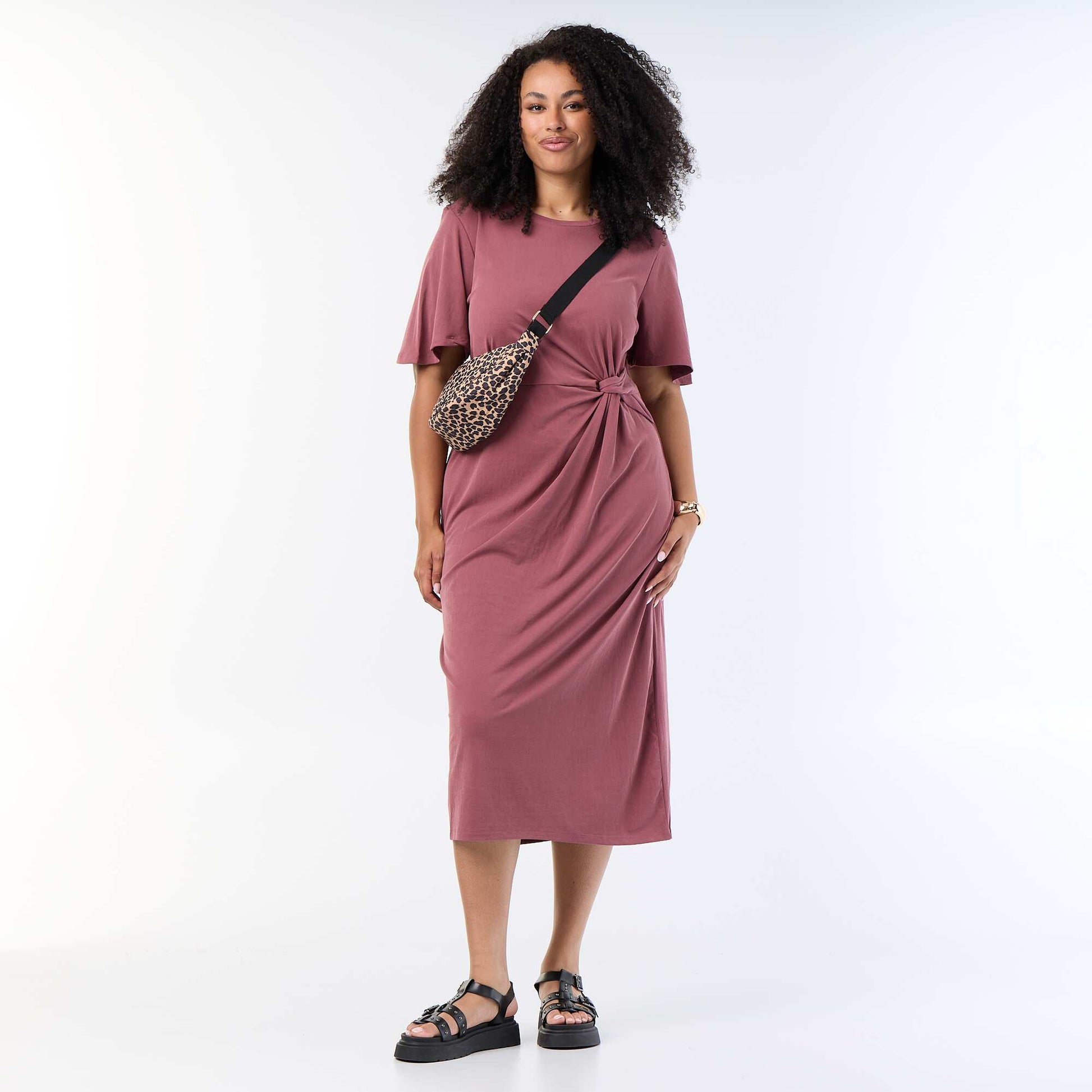 Long plain dress with front knot PINK