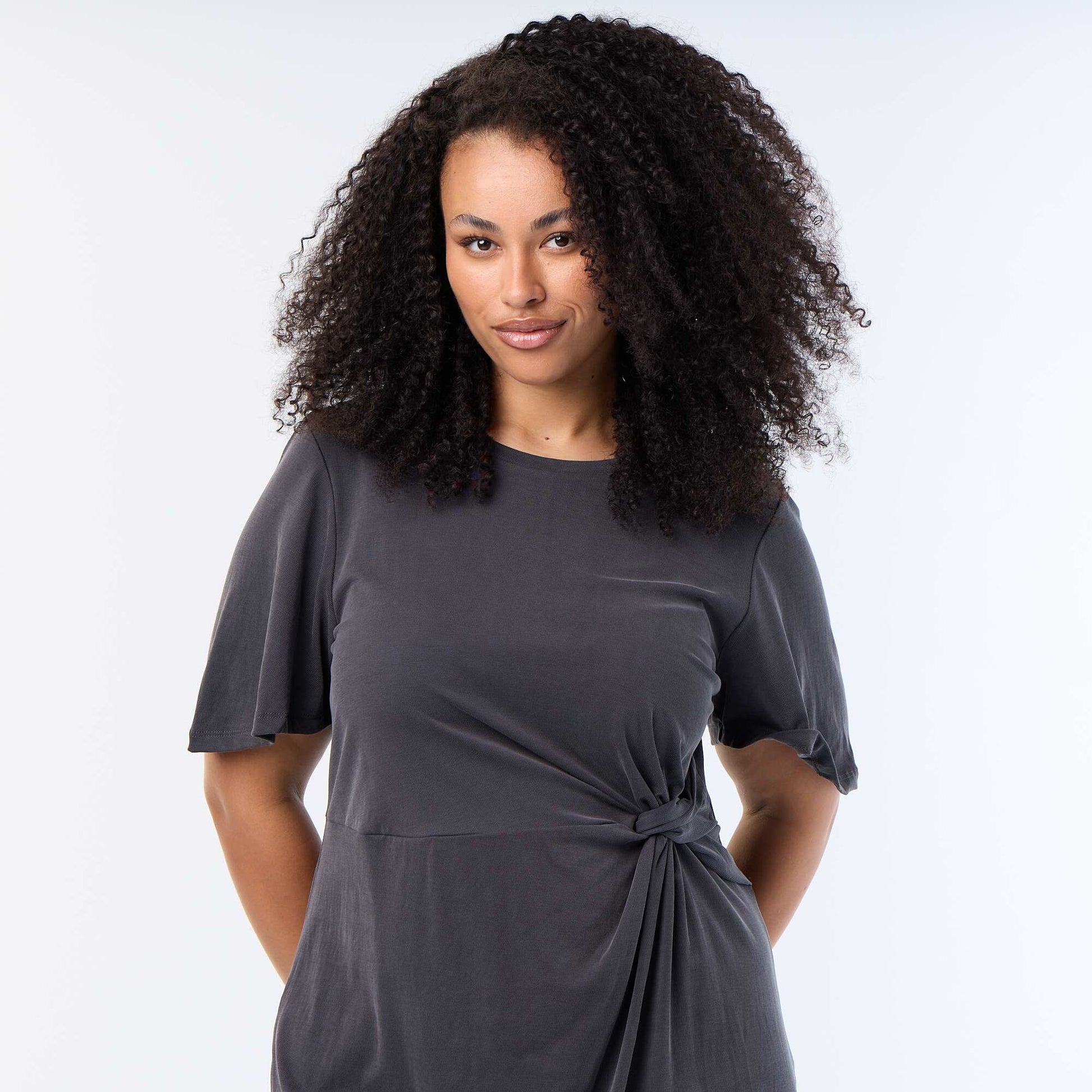 Long plain dress with front knot BLACK