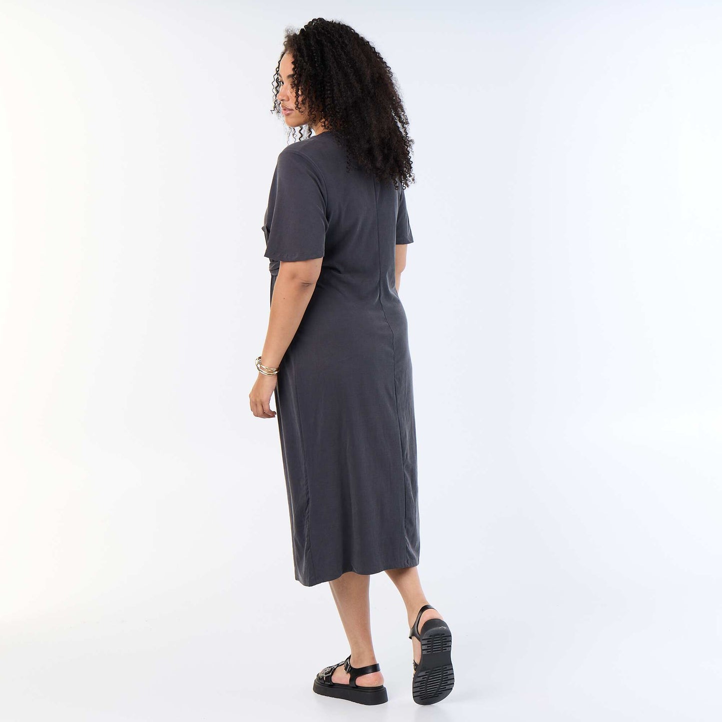 Long plain dress with front knot BLACK