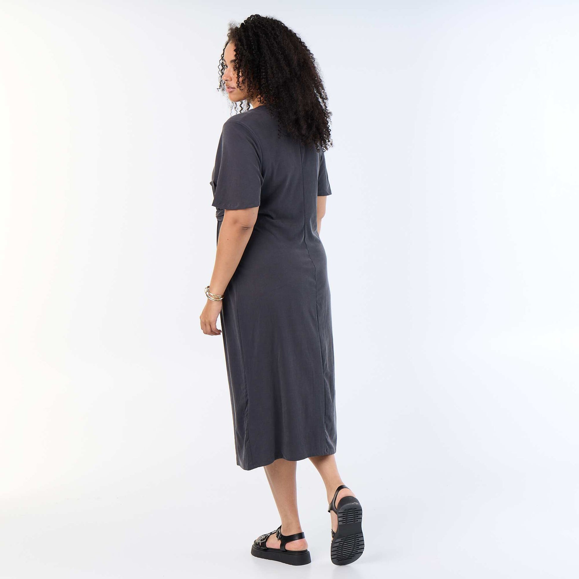 Long plain dress with front knot BLACK
