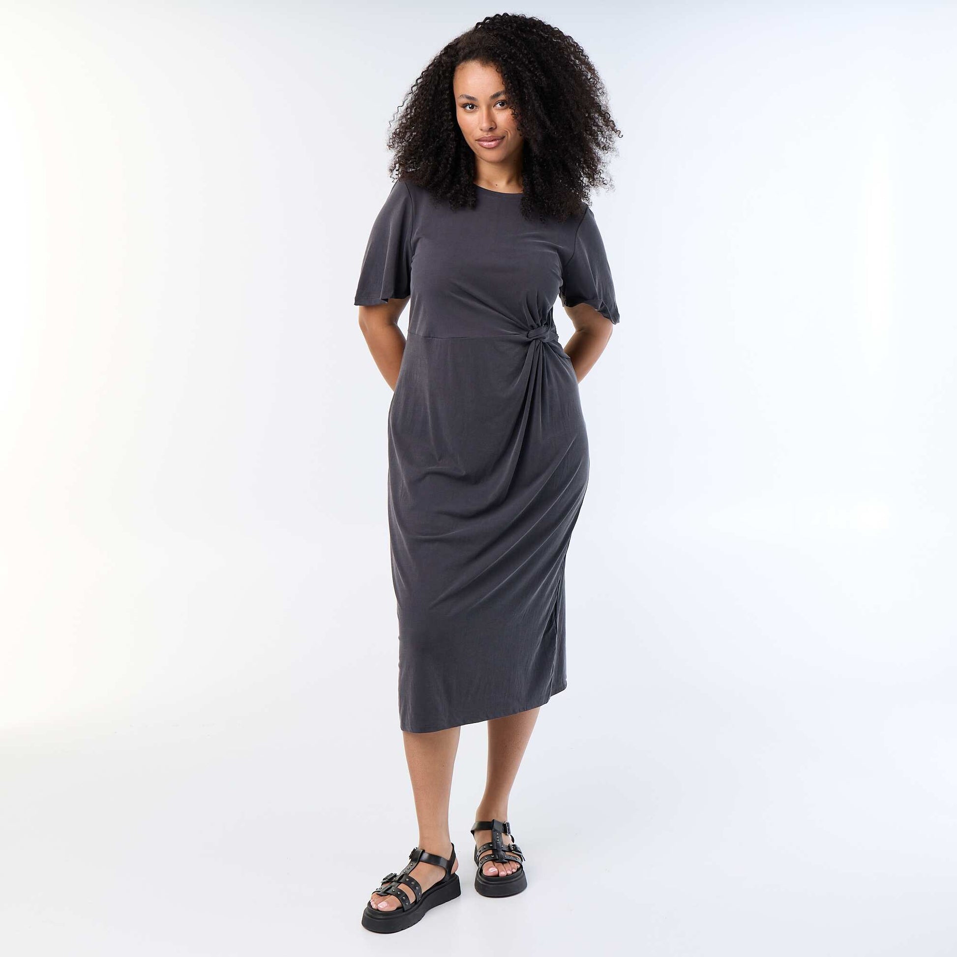 Long plain dress with front knot BLACK