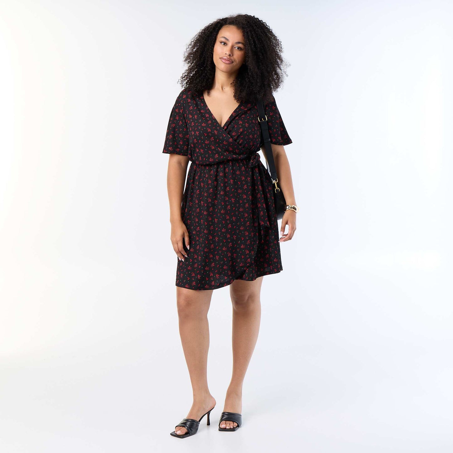 Waffle Knit Wrap Dress BLACK