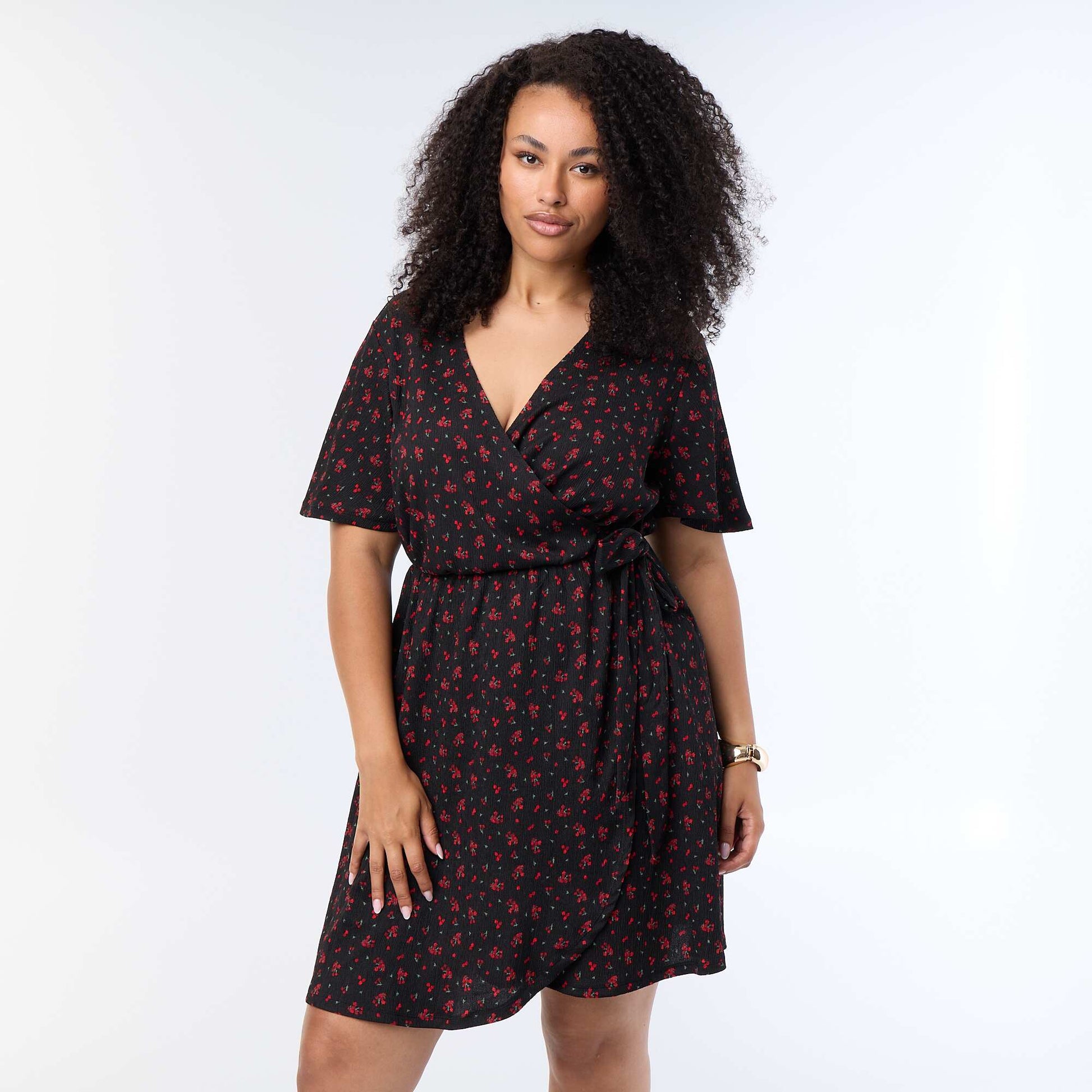 Waffle Knit Wrap Dress BLACK