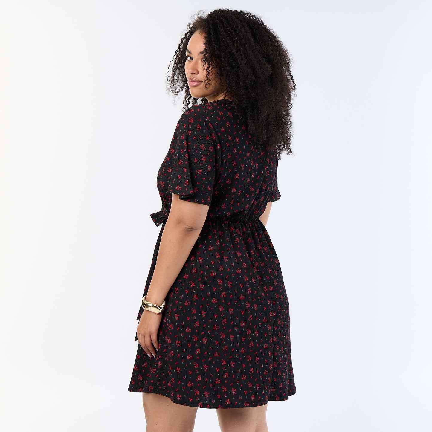 Waffle Knit Wrap Dress BLACK