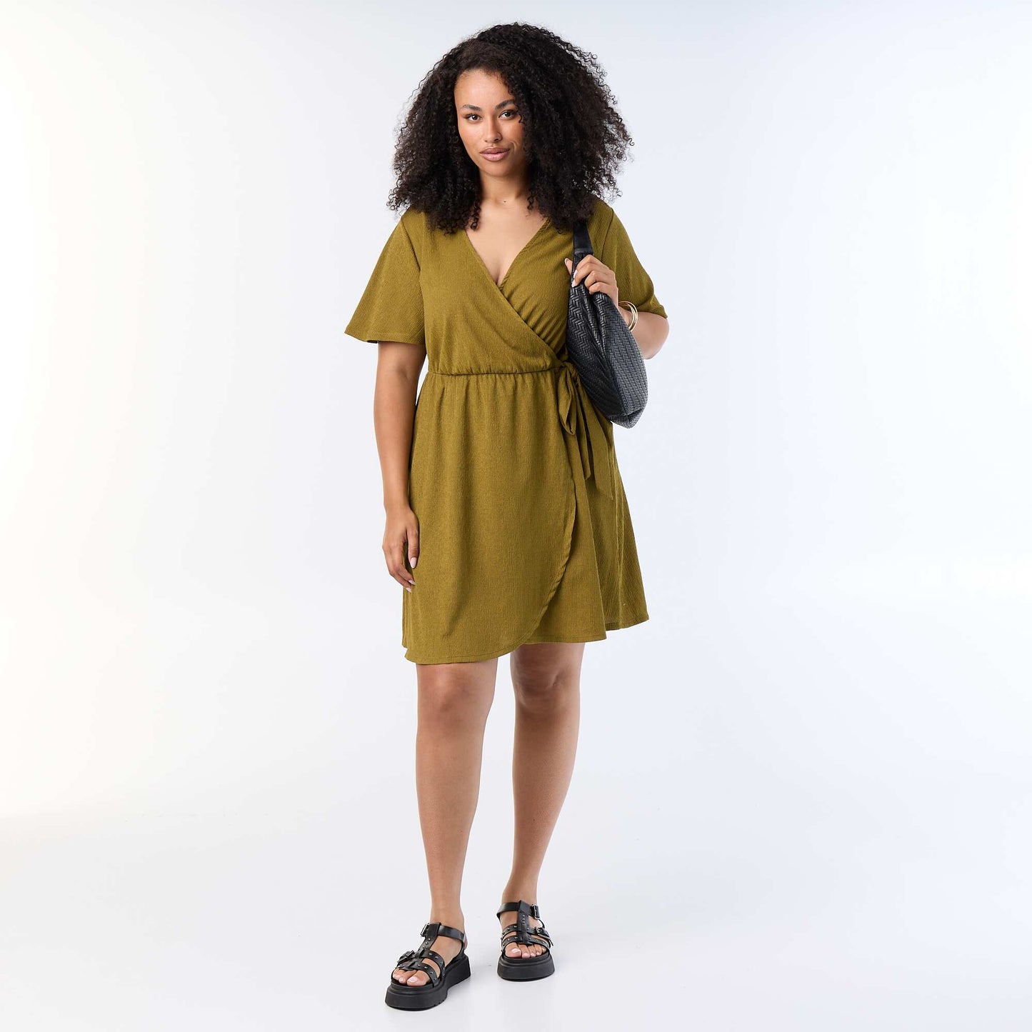 Waffle Knit Wrap Dress GREEN