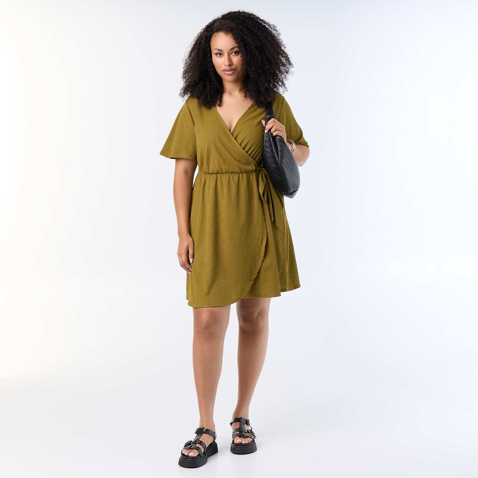 Waffle Knit Wrap Dress GREEN