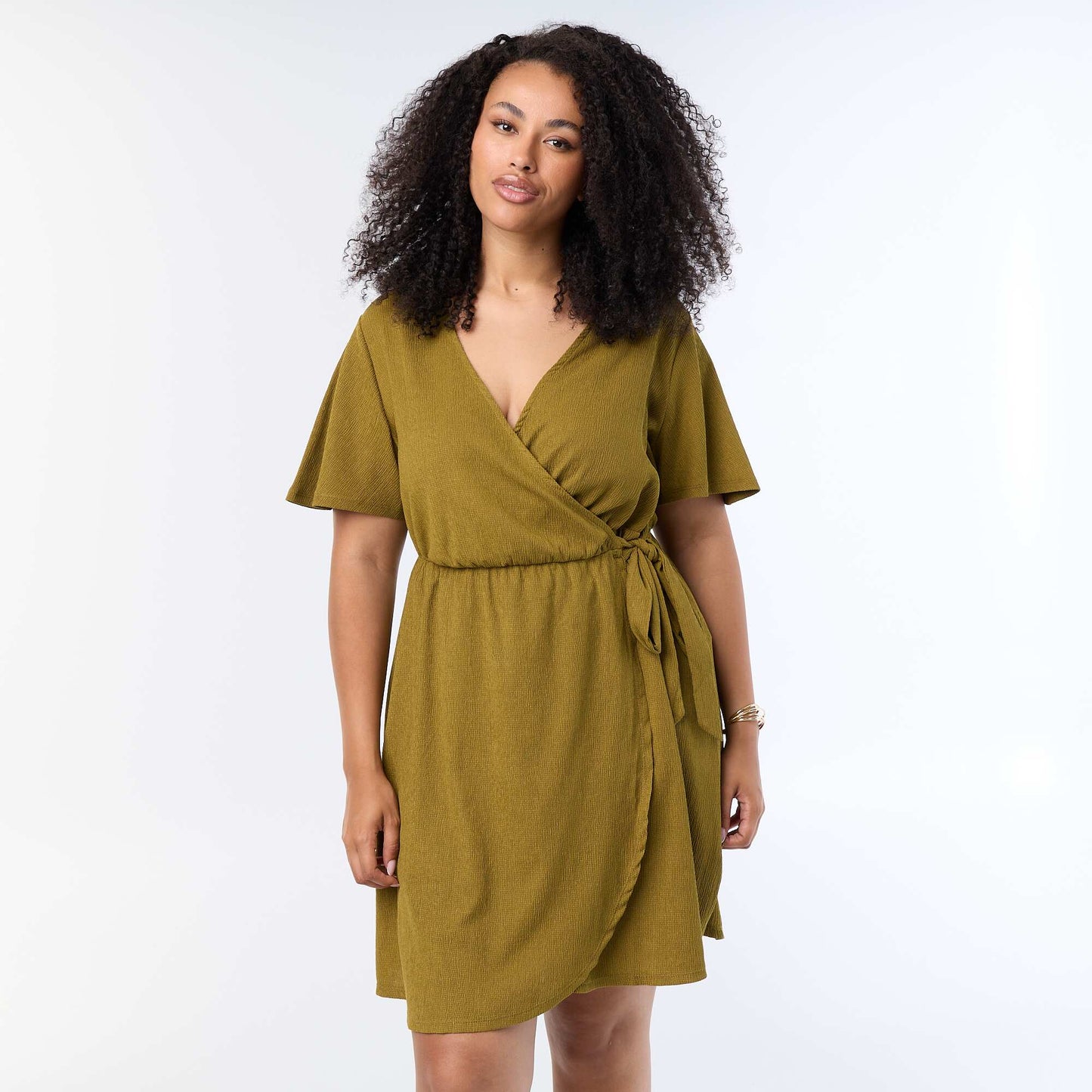 Waffle Knit Wrap Dress GREEN