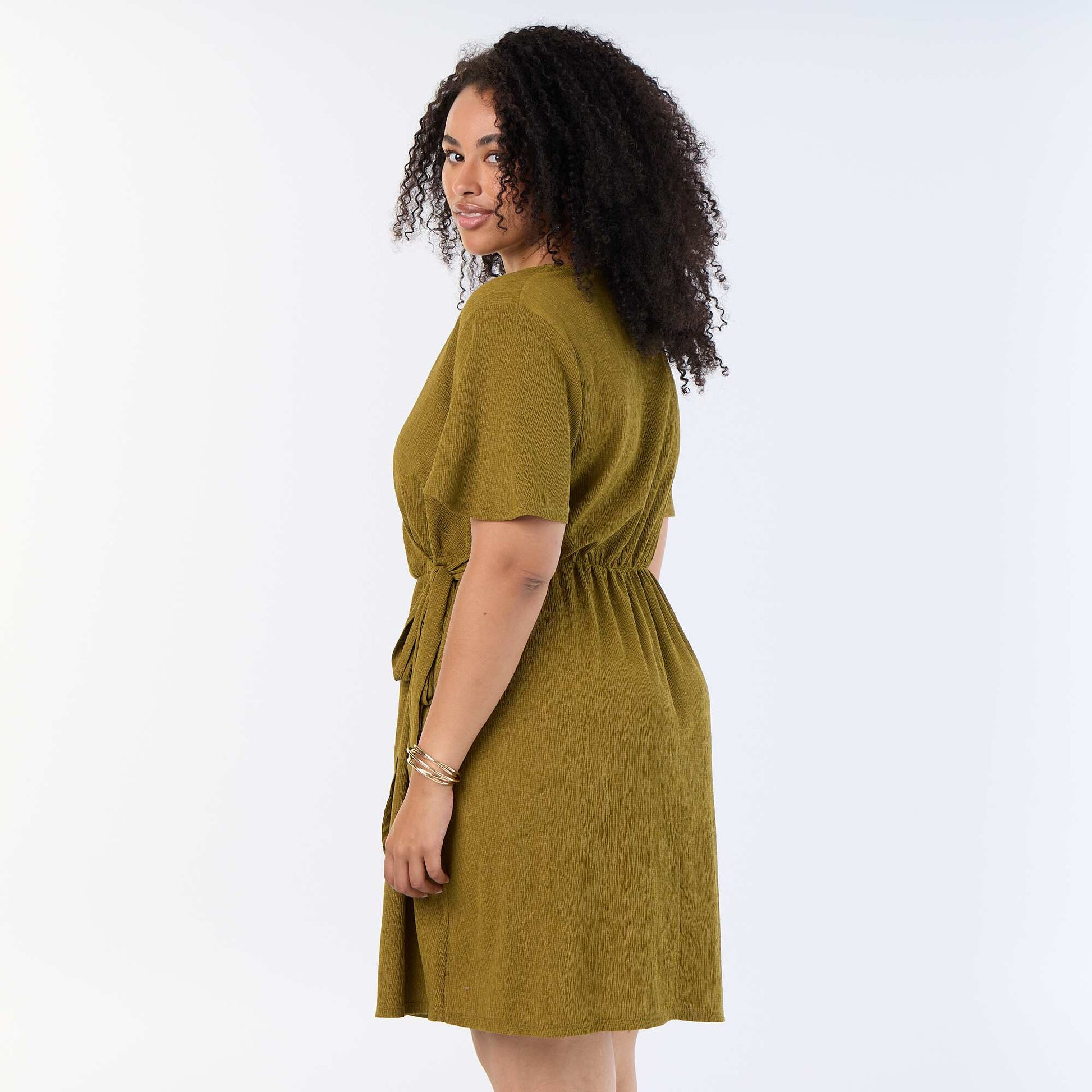 Waffle Knit Wrap Dress GREEN