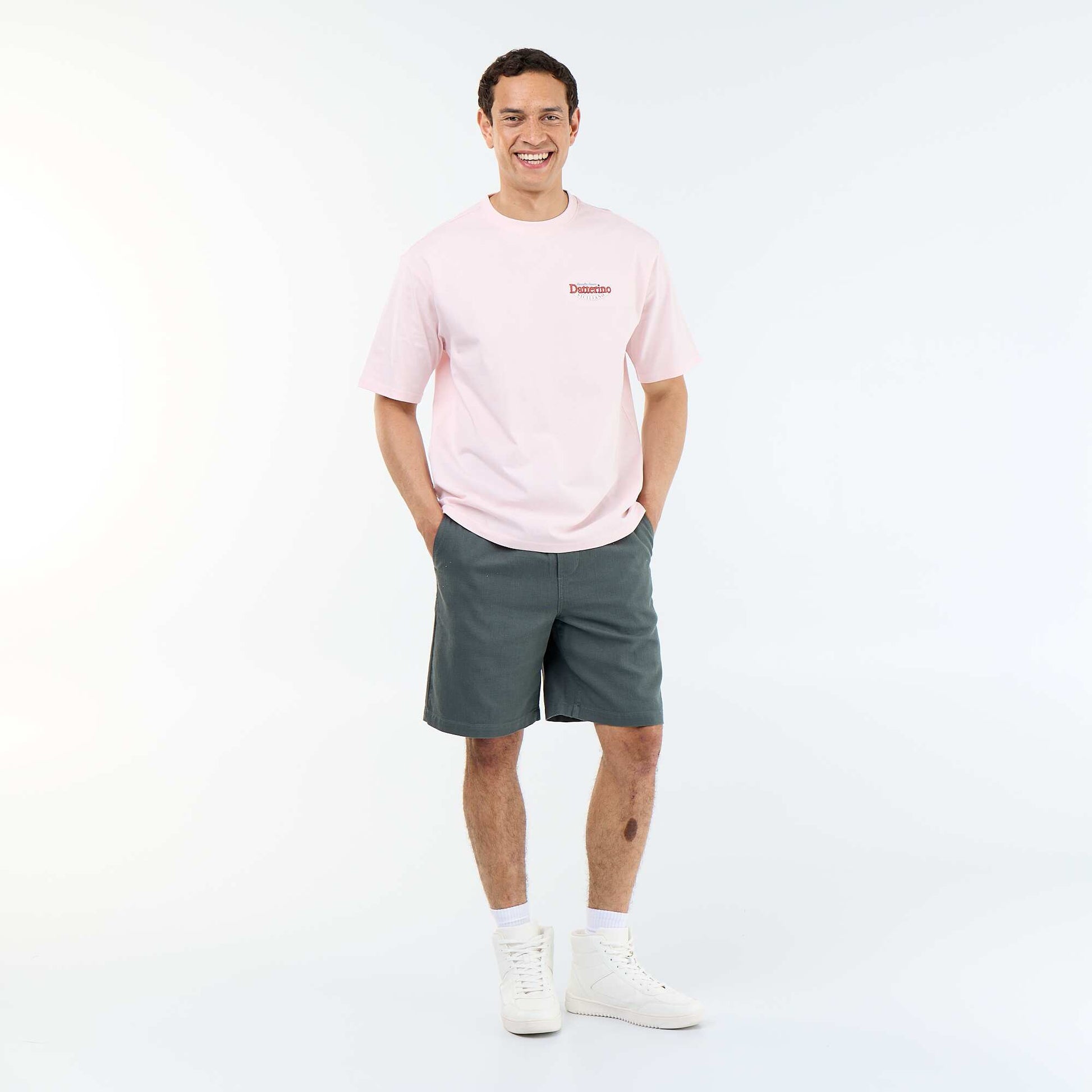 Short-sleeved T-shirt with front & back prints and embroidery PINK