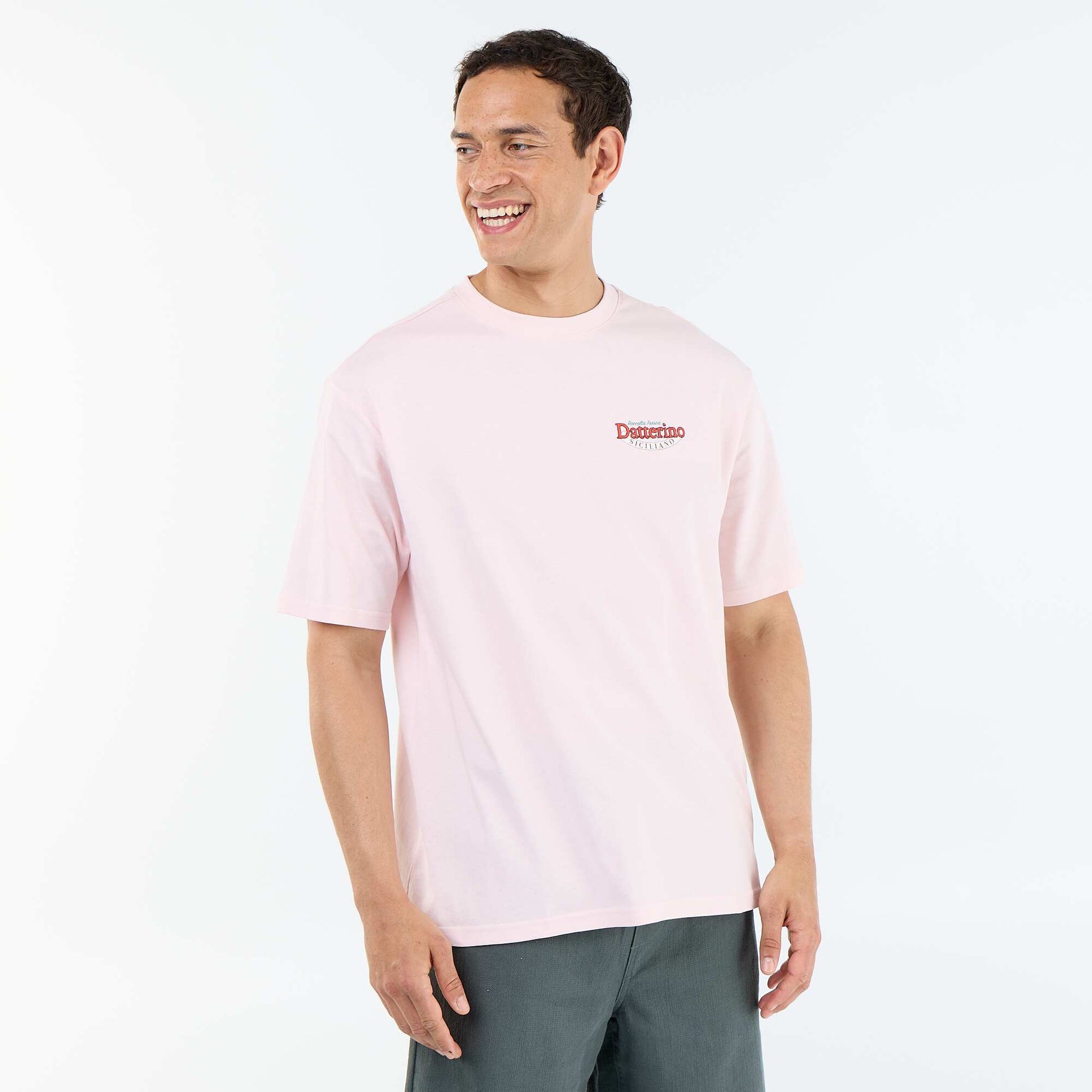 Short-sleeved T-shirt with front & back prints and embroidery PINK