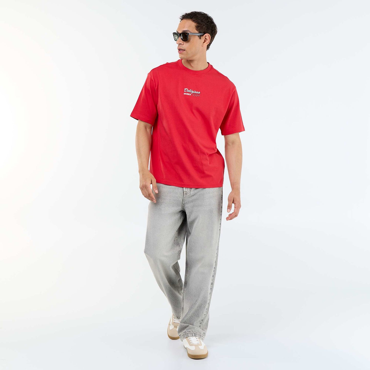 Short-sleeved T-shirt with front & back prints and embroidery RED