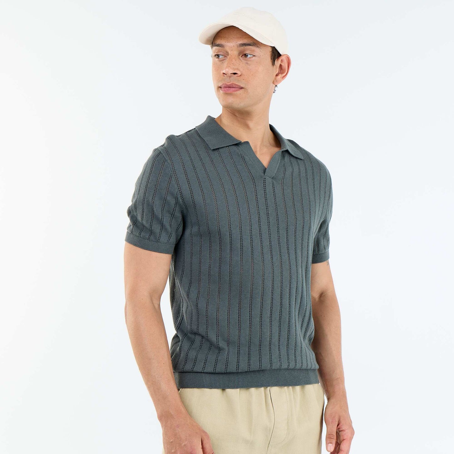 Openwork knit short-sleeved polo shirt KHAKI