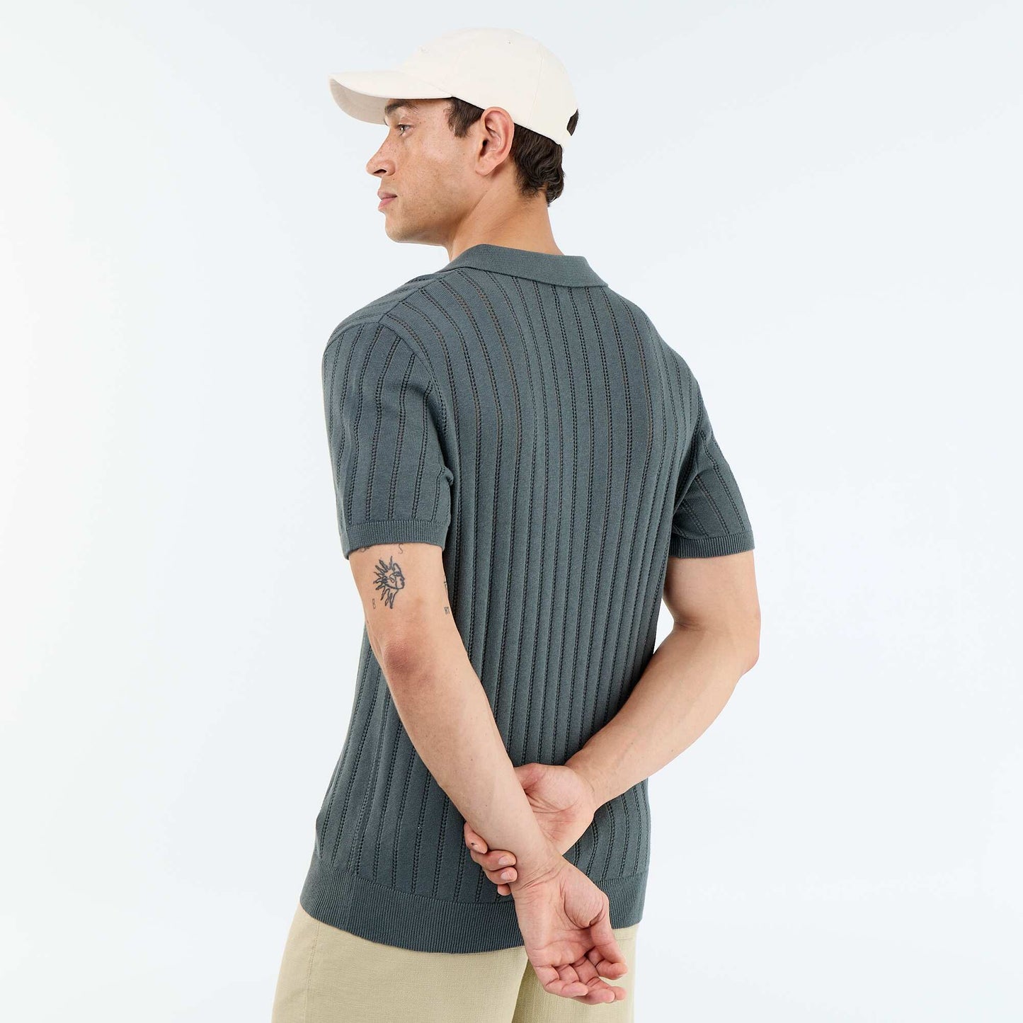 Openwork knit short-sleeved polo shirt KHAKI