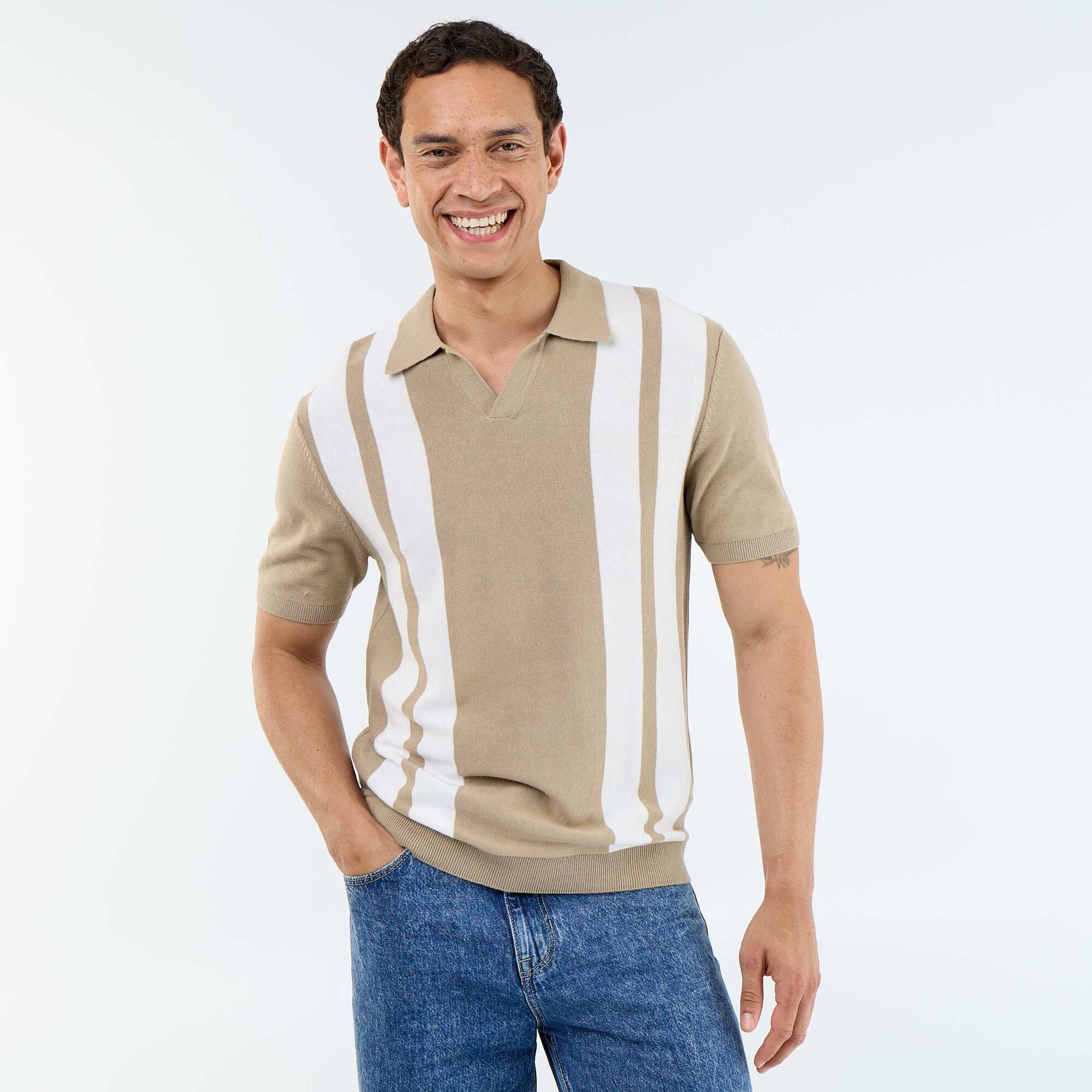 Short-Sleeved Buttonless Collar Polo Shirt BEIGE
