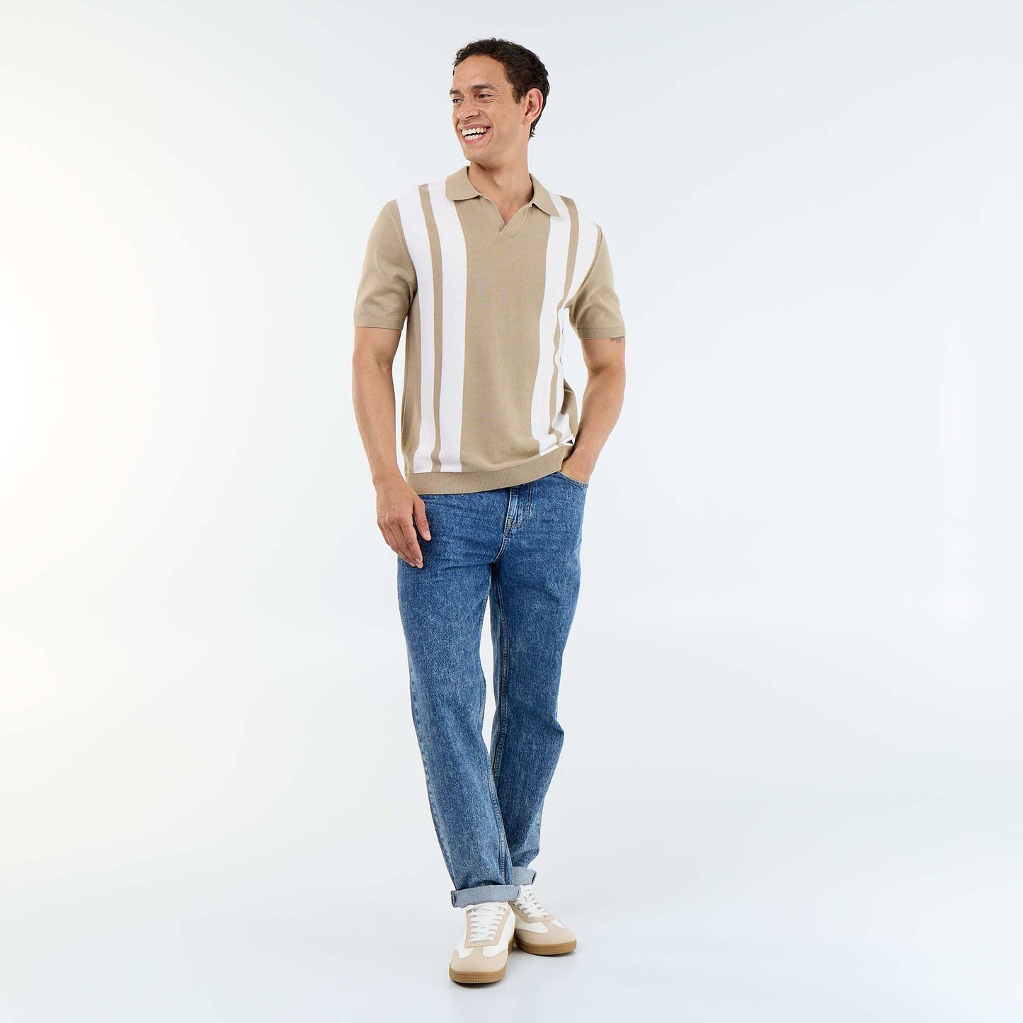 Short-Sleeved Buttonless Collar Polo Shirt BEIGE