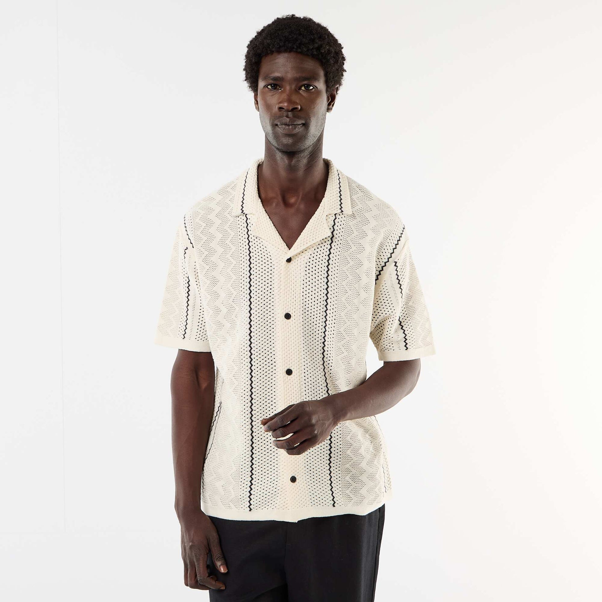 Short-Sleeved Textured Knit Shirt BEIGE