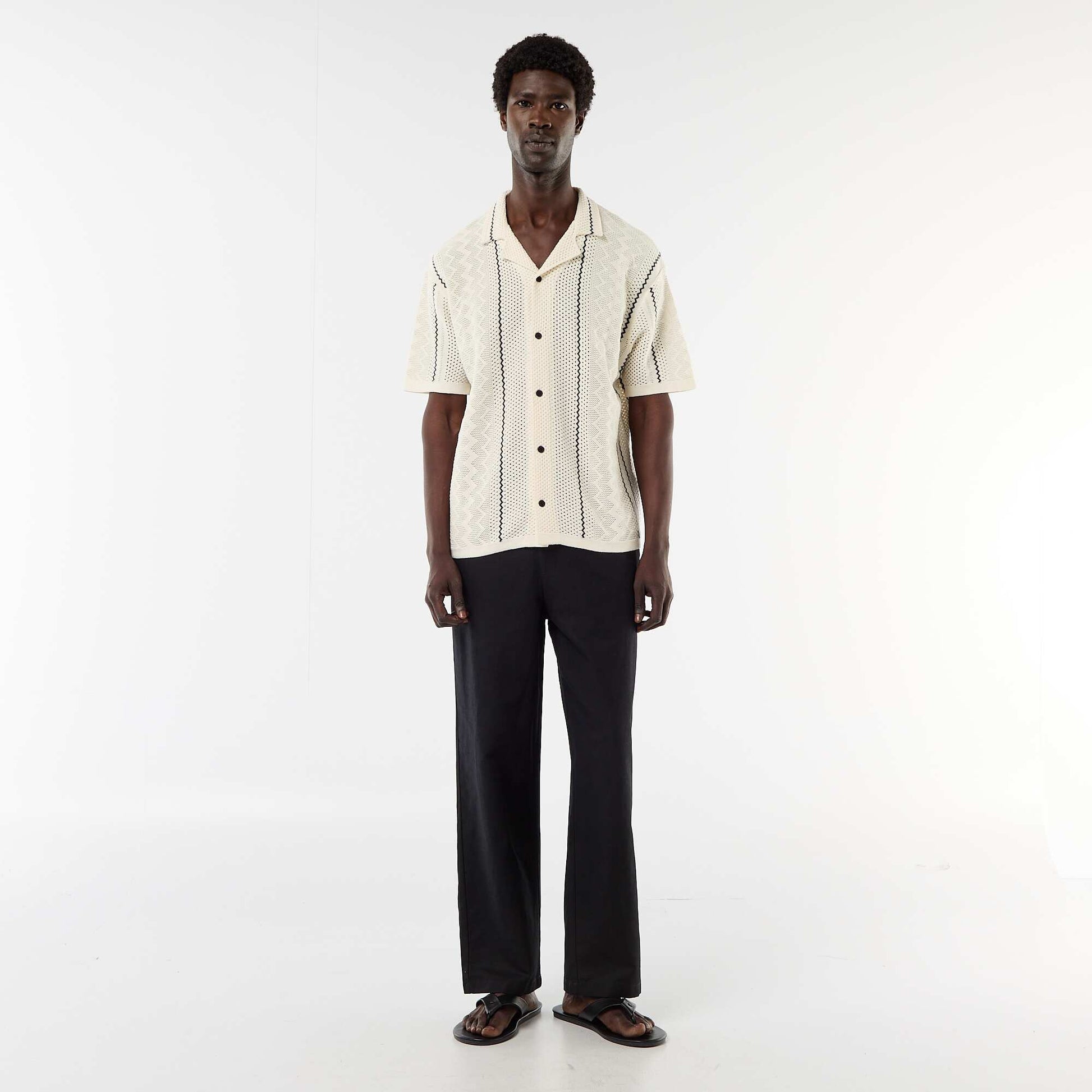 Short-Sleeved Textured Knit Shirt BEIGE