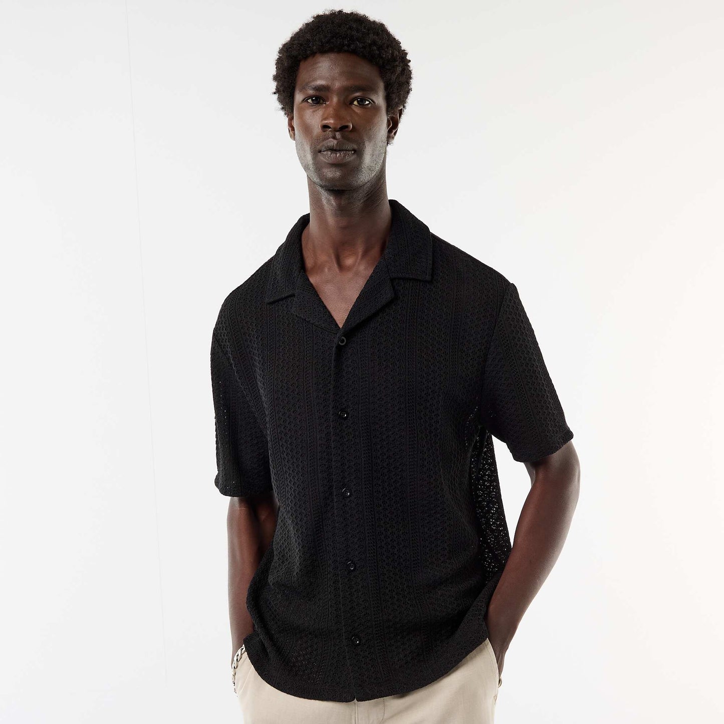 Short-sleeved open-knit shirt BLACK