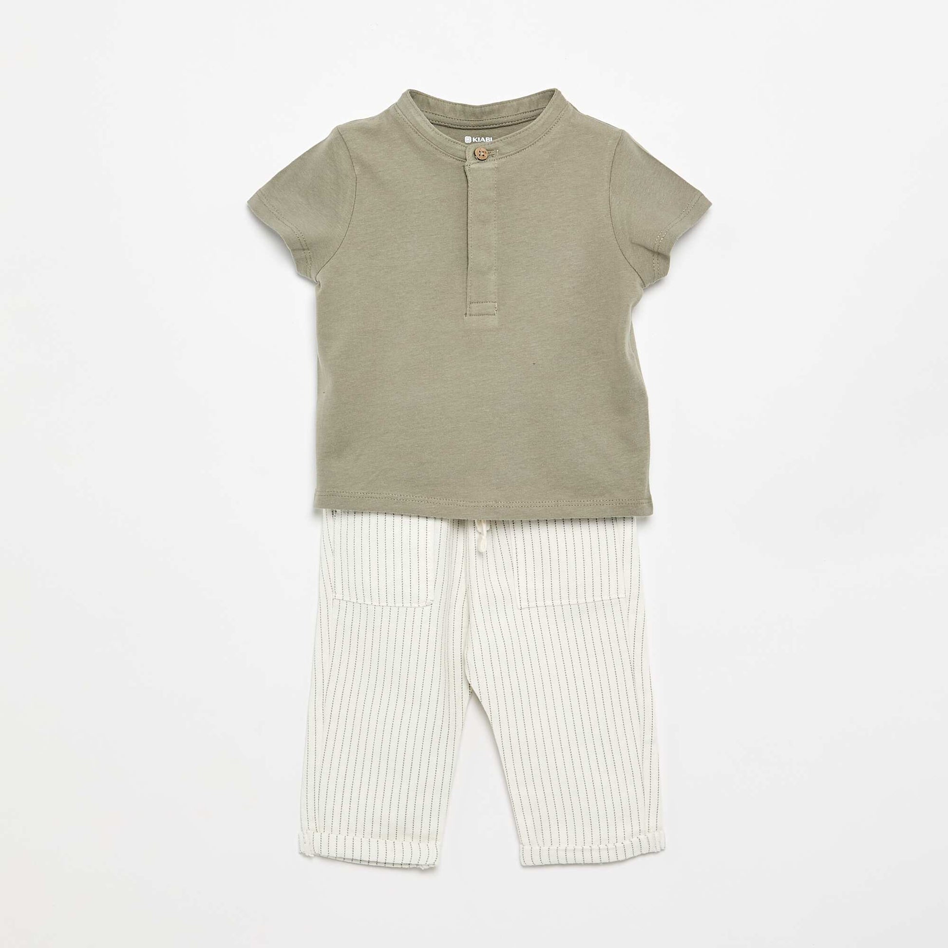 Mao Collar T-Shirt and Trousers Set - 2 Pieces WHITE