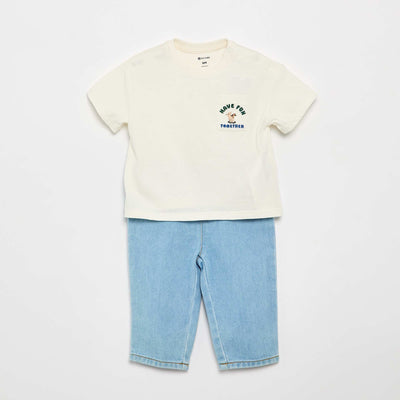 2-Piece T-shirt and Denim Pants Set WHITE