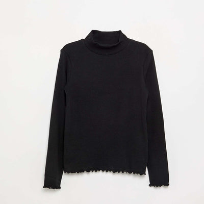 Solid Turtleneck with Lettuce Trim BLACK