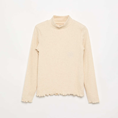Solid Turtleneck with Lettuce Trim BEIGE