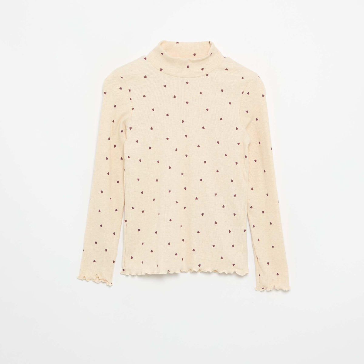Printed Ribbed Knit Roll-Neck Top BEIGE