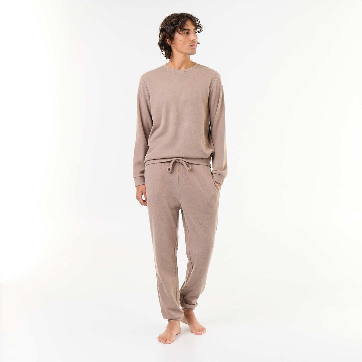 Long Sleeve T-Shirt and Waffle Knit Pants Pajama Set - 2 Piece BEIGE
