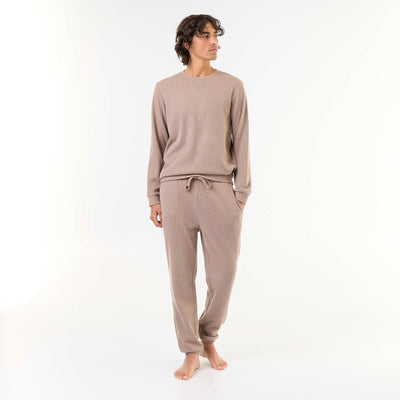 Long Sleeve T-Shirt and Waffle Knit Pants Pajama Set - 2 Piece BEIGE