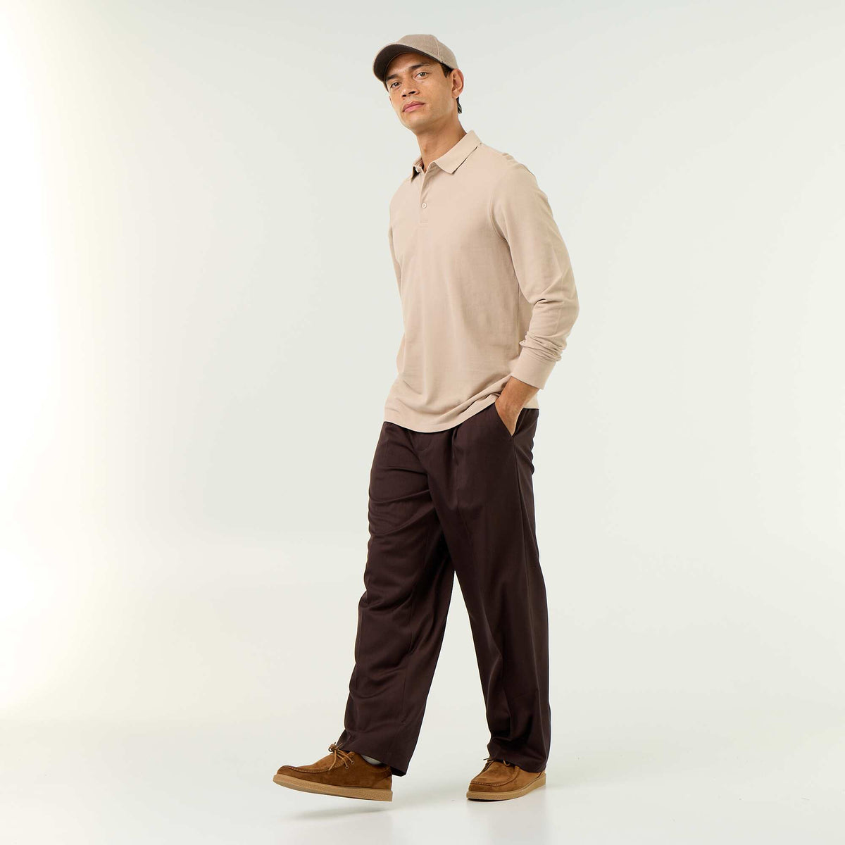 Piqué Knit Long-Sleeved Polo Shirt BEIGE