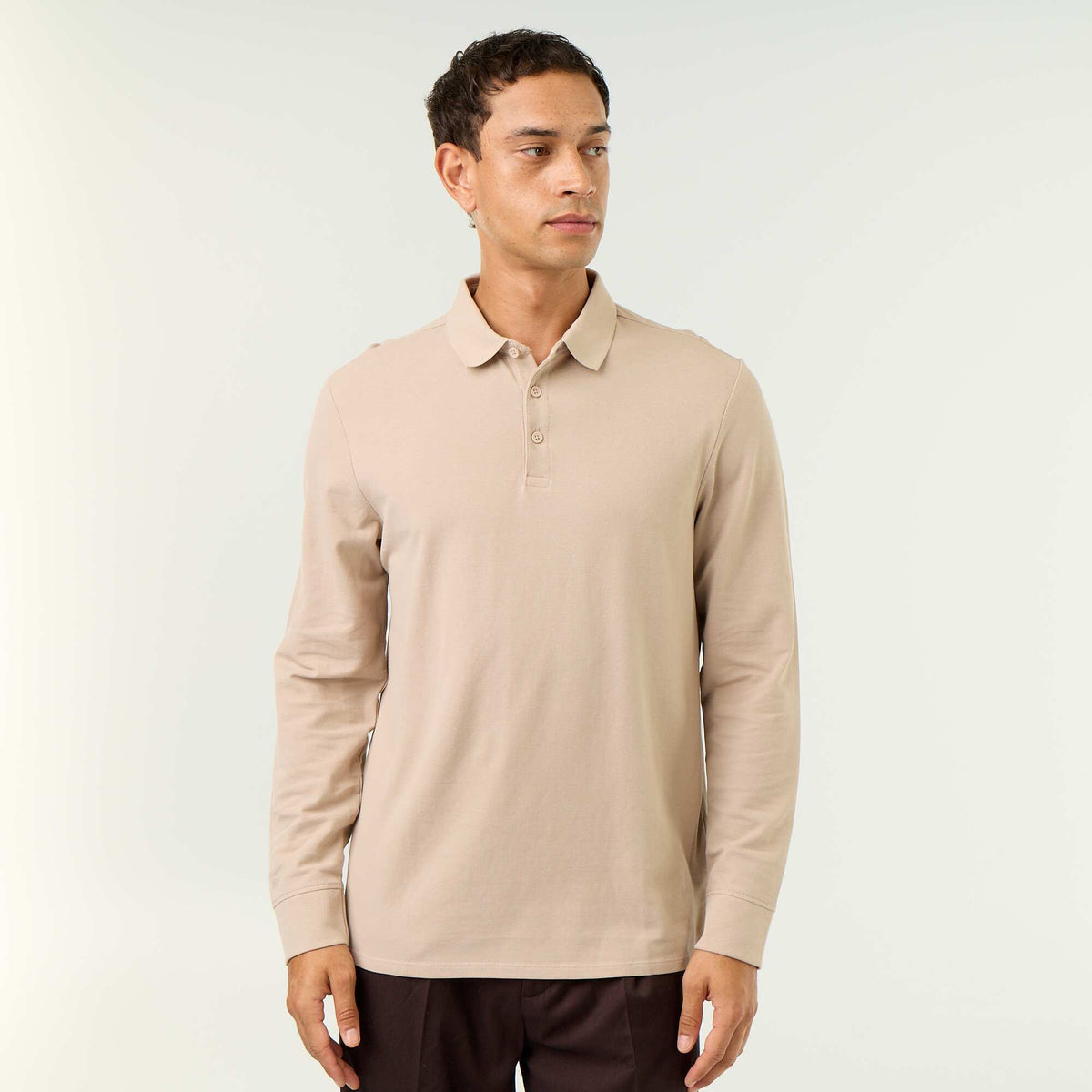 Piqué Knit Long-Sleeved Polo Shirt BEIGE