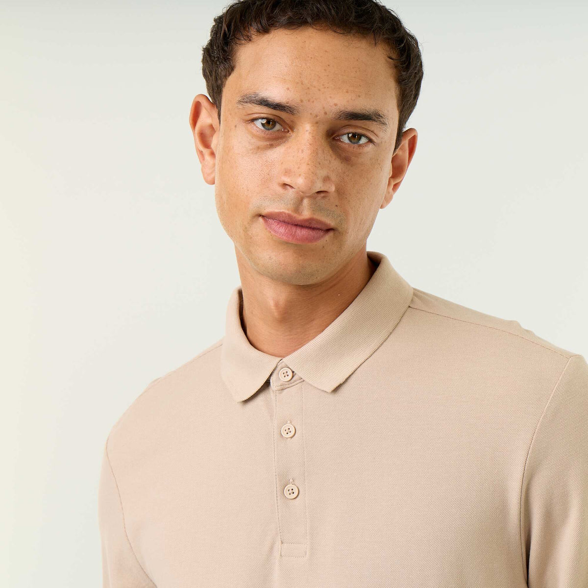 Piqué Knit Long-Sleeved Polo Shirt BEIGE