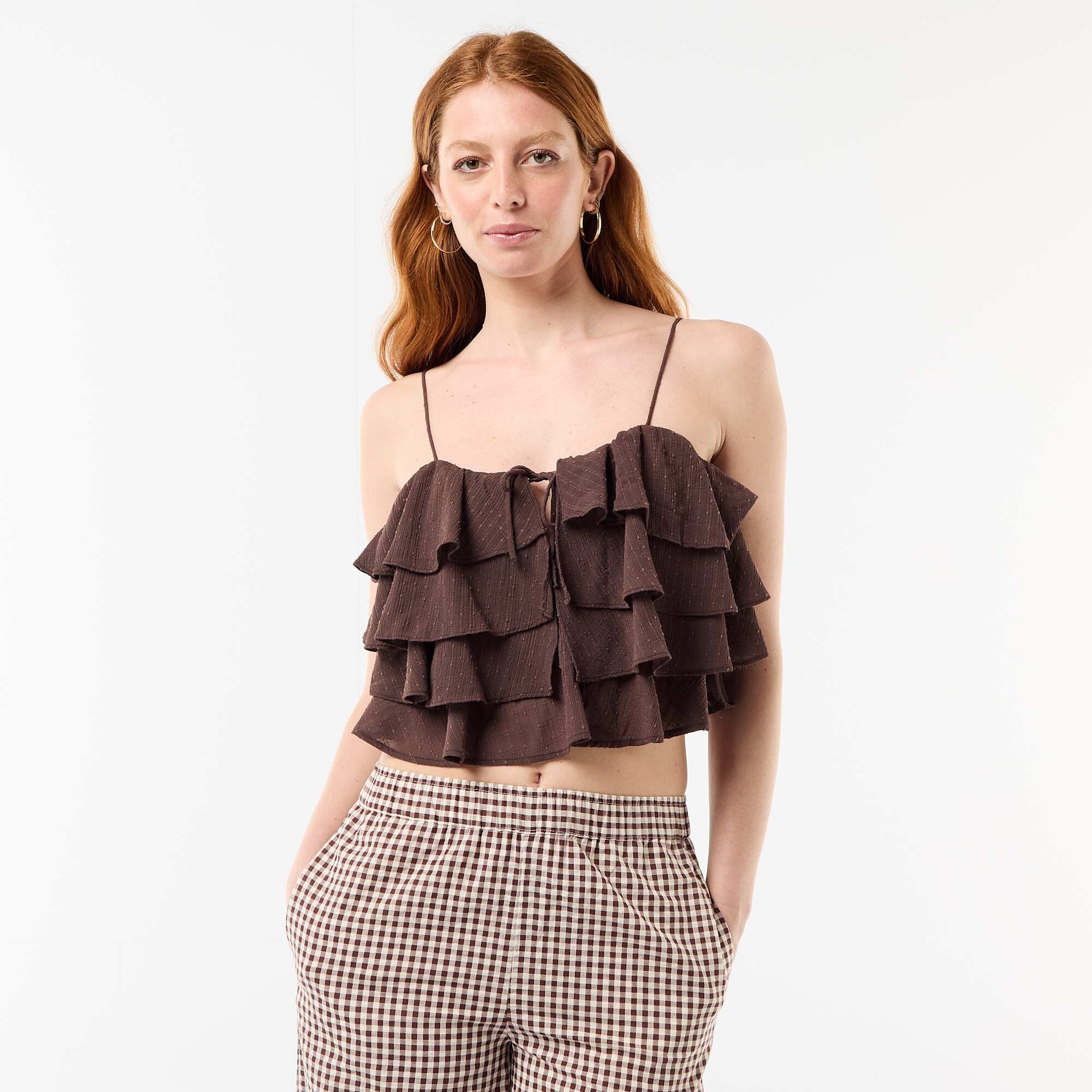 Ruffled tank top with thin straps BROWN
