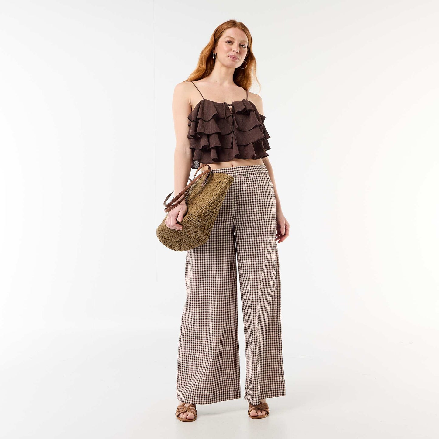 Ruffled tank top with thin straps BROWN