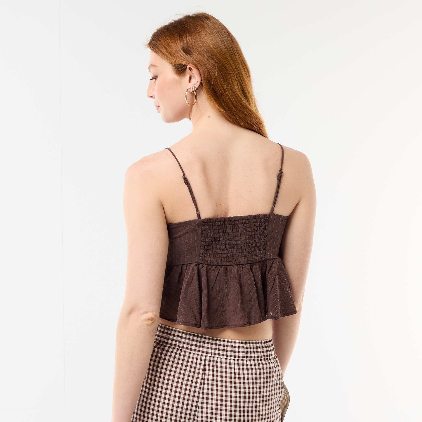 Ruffled tank top with thin straps BROWN