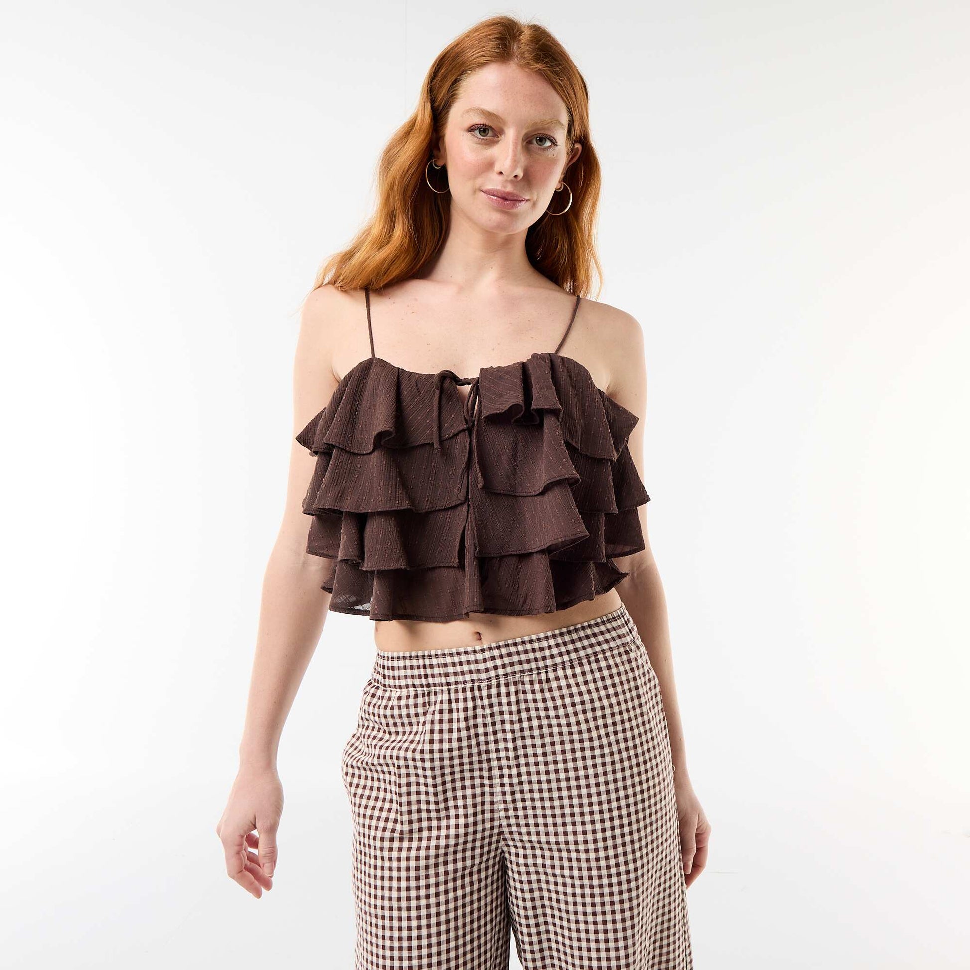 Ruffled tank top with thin straps BROWN