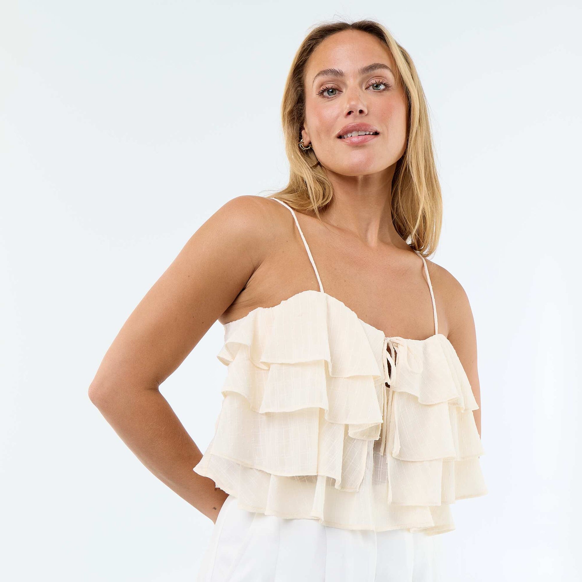 Ruffled tank top with thin straps BEIGE