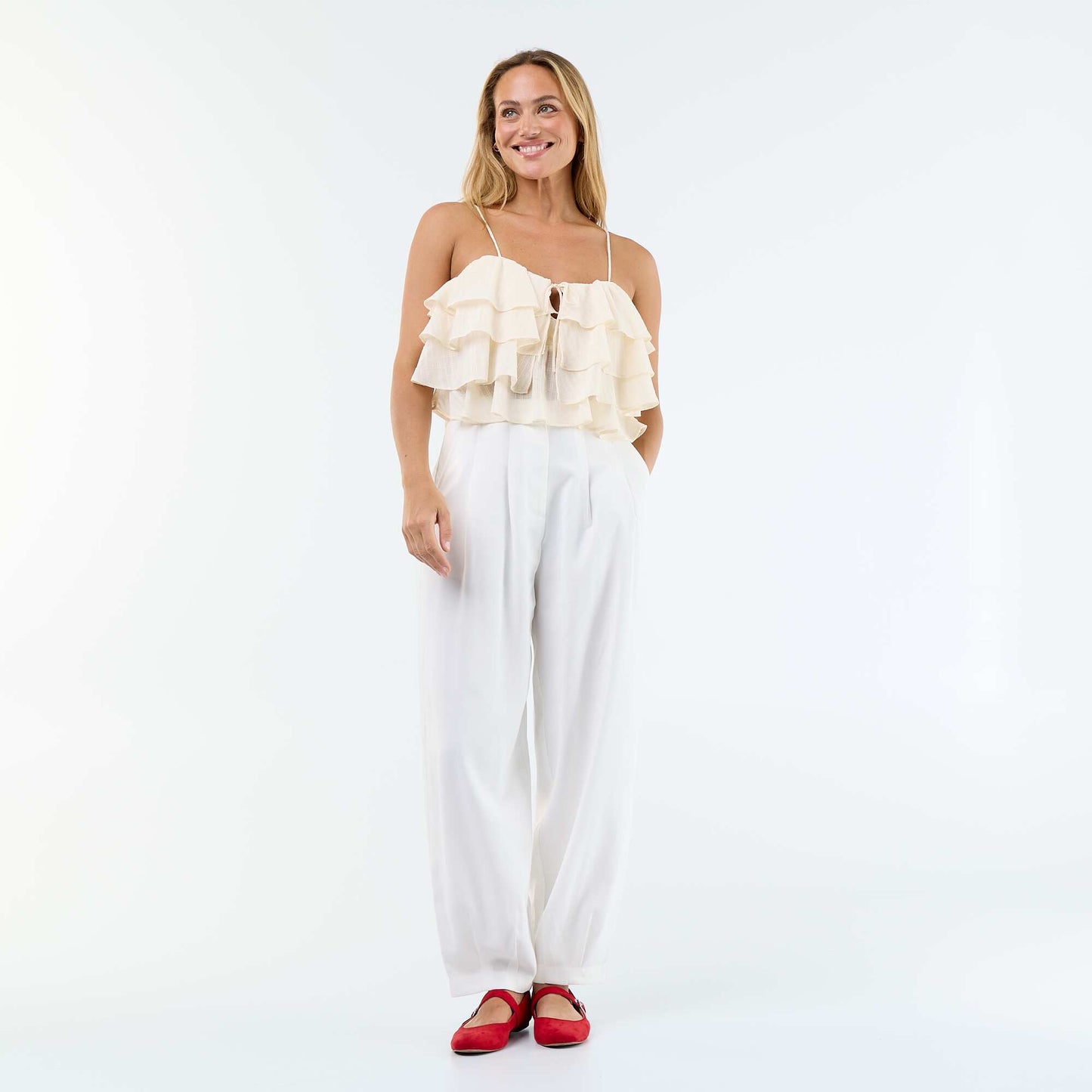 Ruffled tank top with thin straps BEIGE