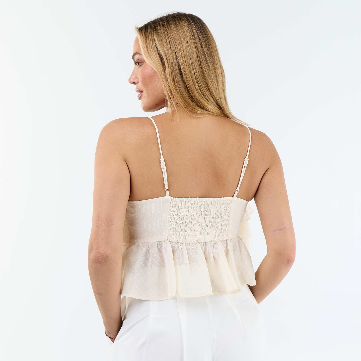 Ruffled tank top with thin straps BEIGE