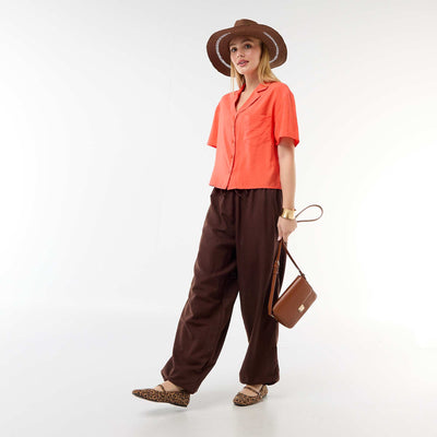 Solid Wide-Leg Pants with Elastic Waistband BROWN