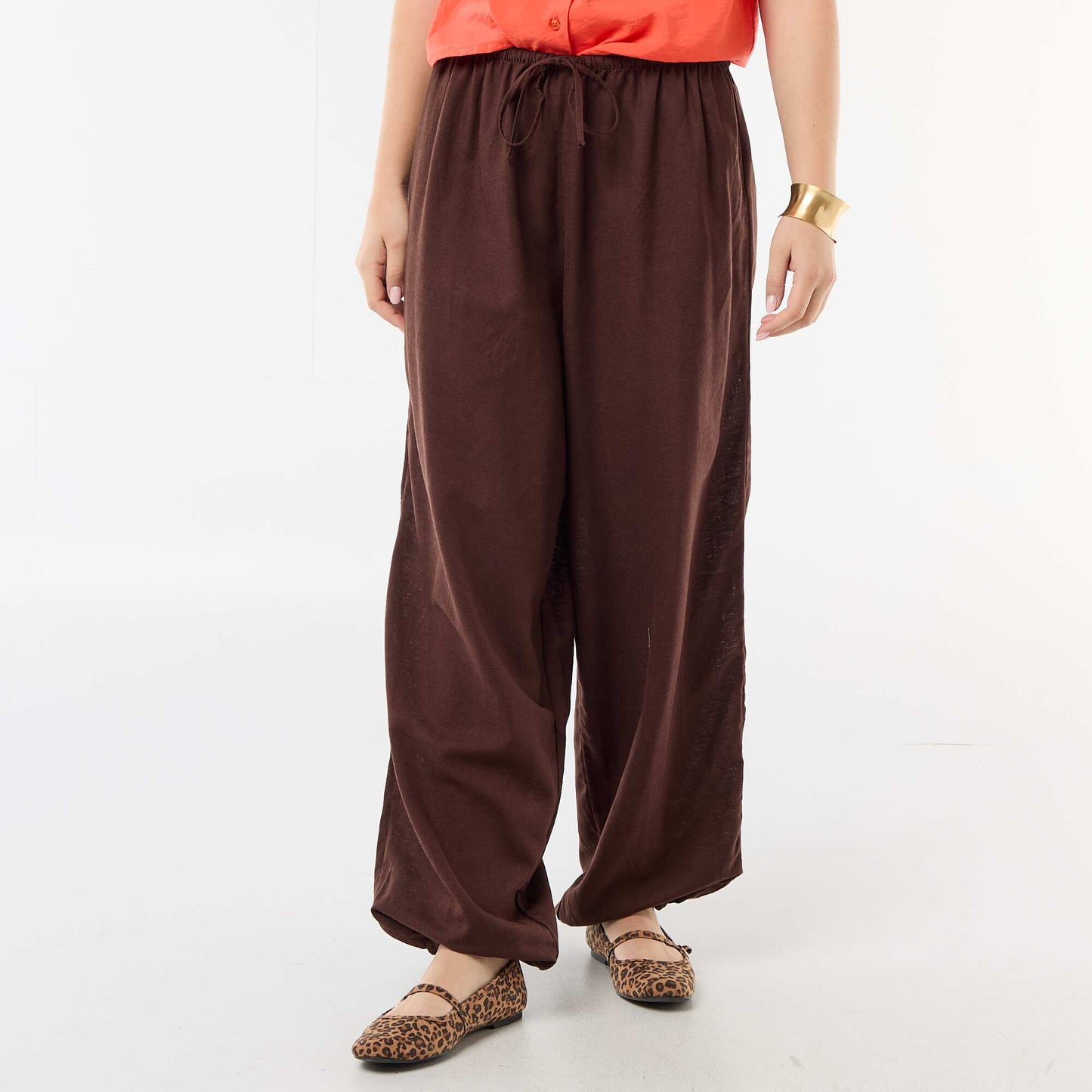 Solid Wide-Leg Pants with Elastic Waistband BROWN