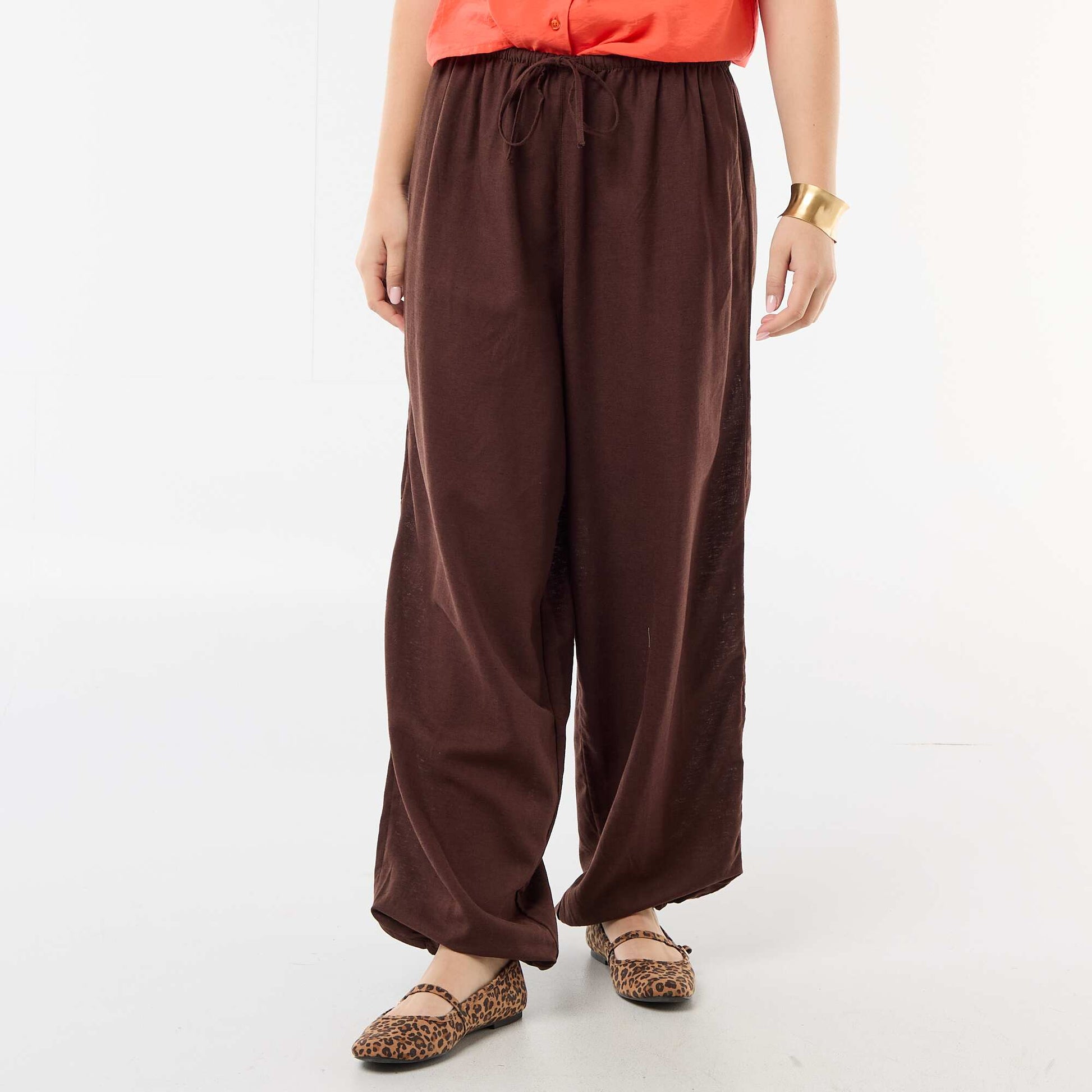 Solid Wide-Leg Pants with Elastic Waistband BROWN