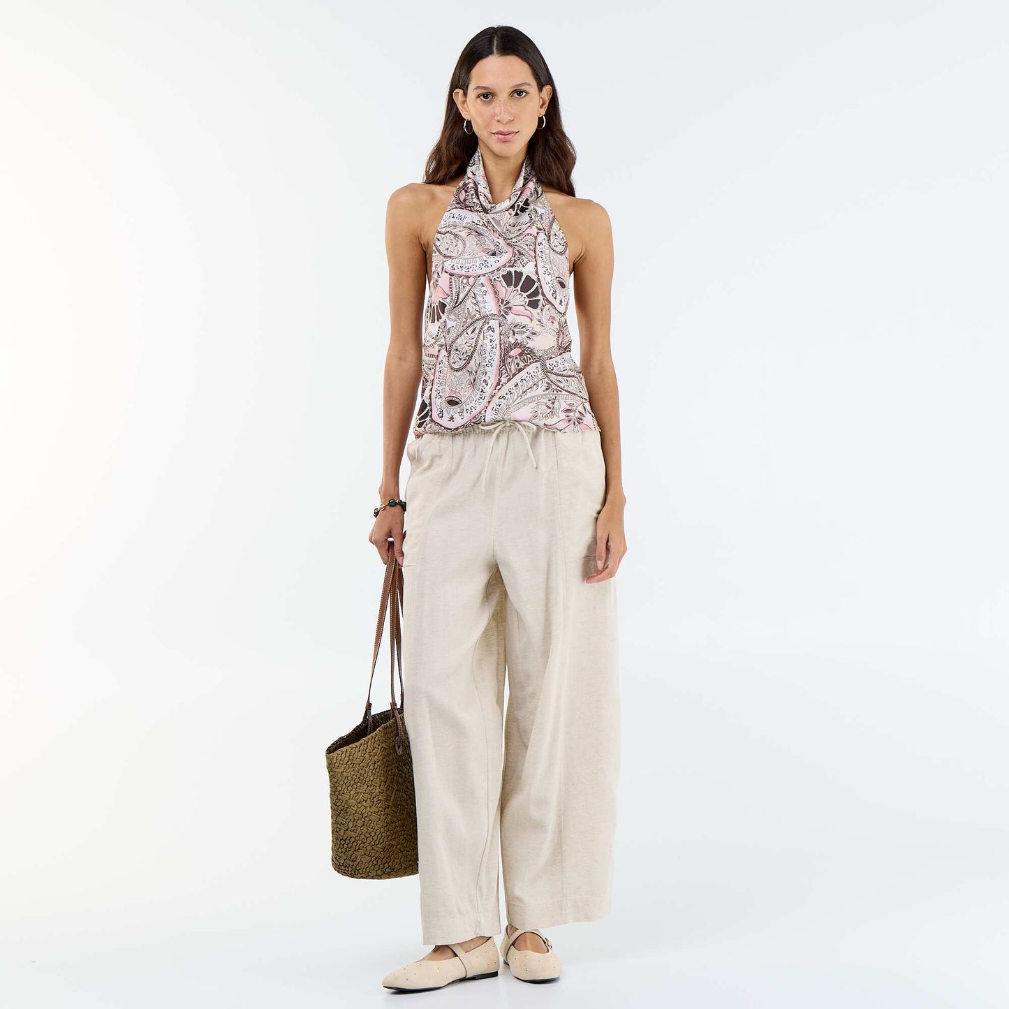 Wide-leg linen blend trousers WHITE