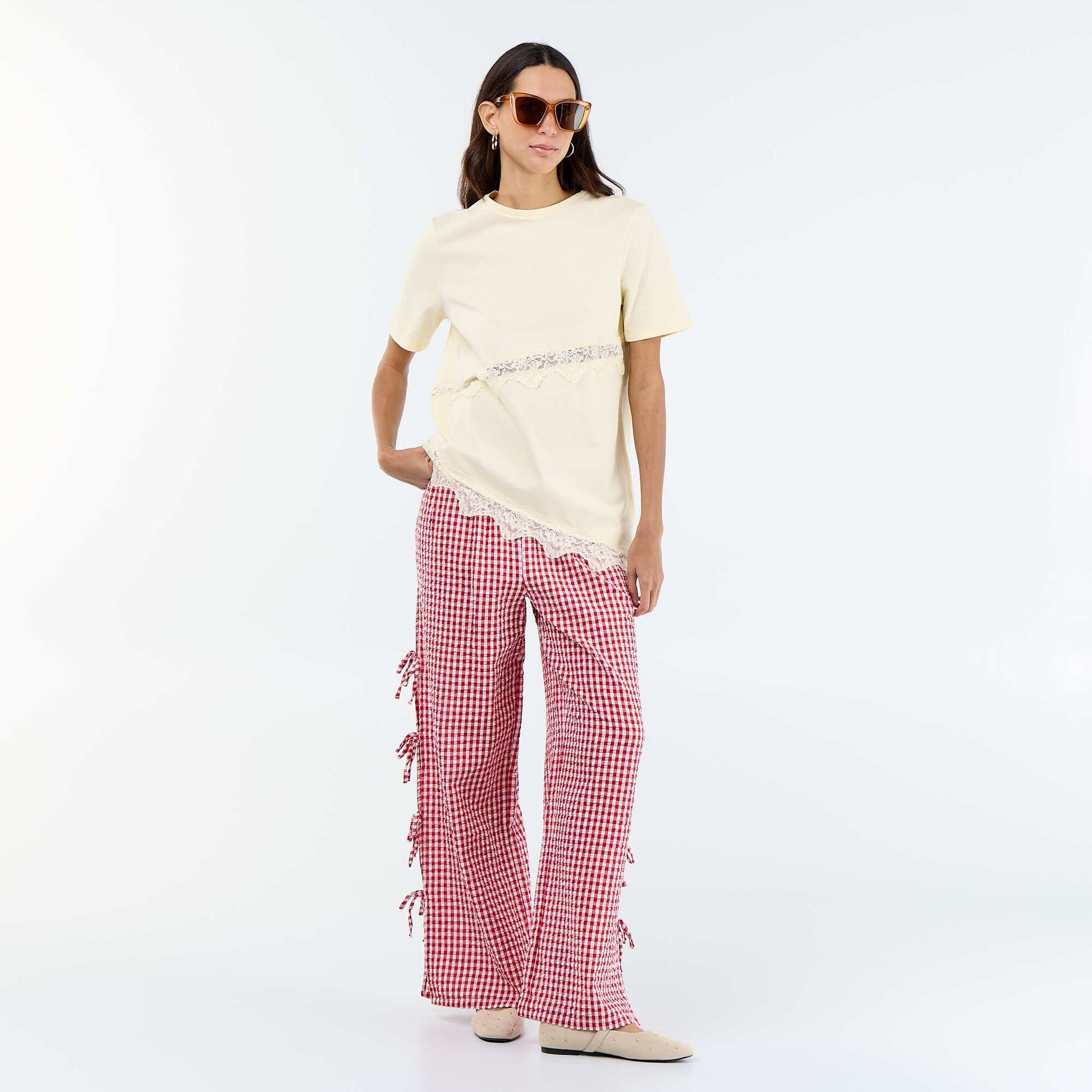 Gingham Check Wide-Leg Trousers RED