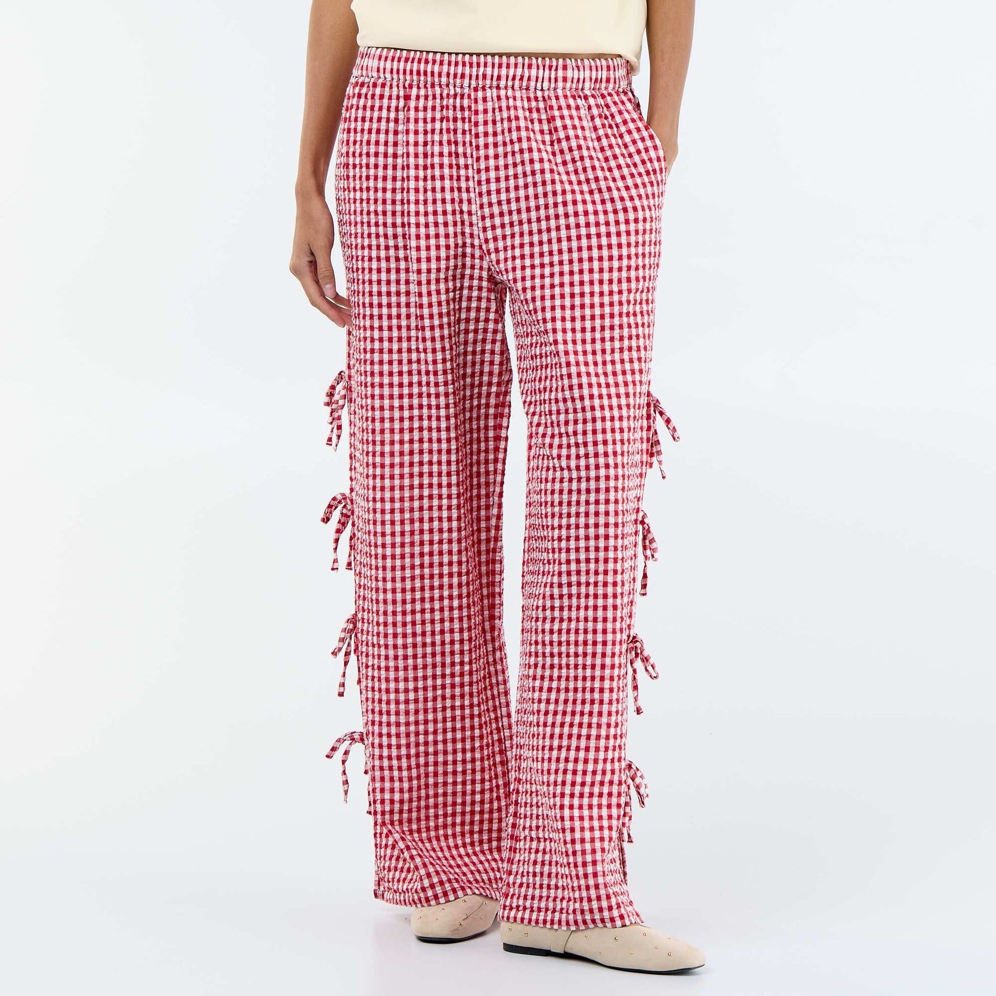 Gingham Check Wide-Leg Trousers RED