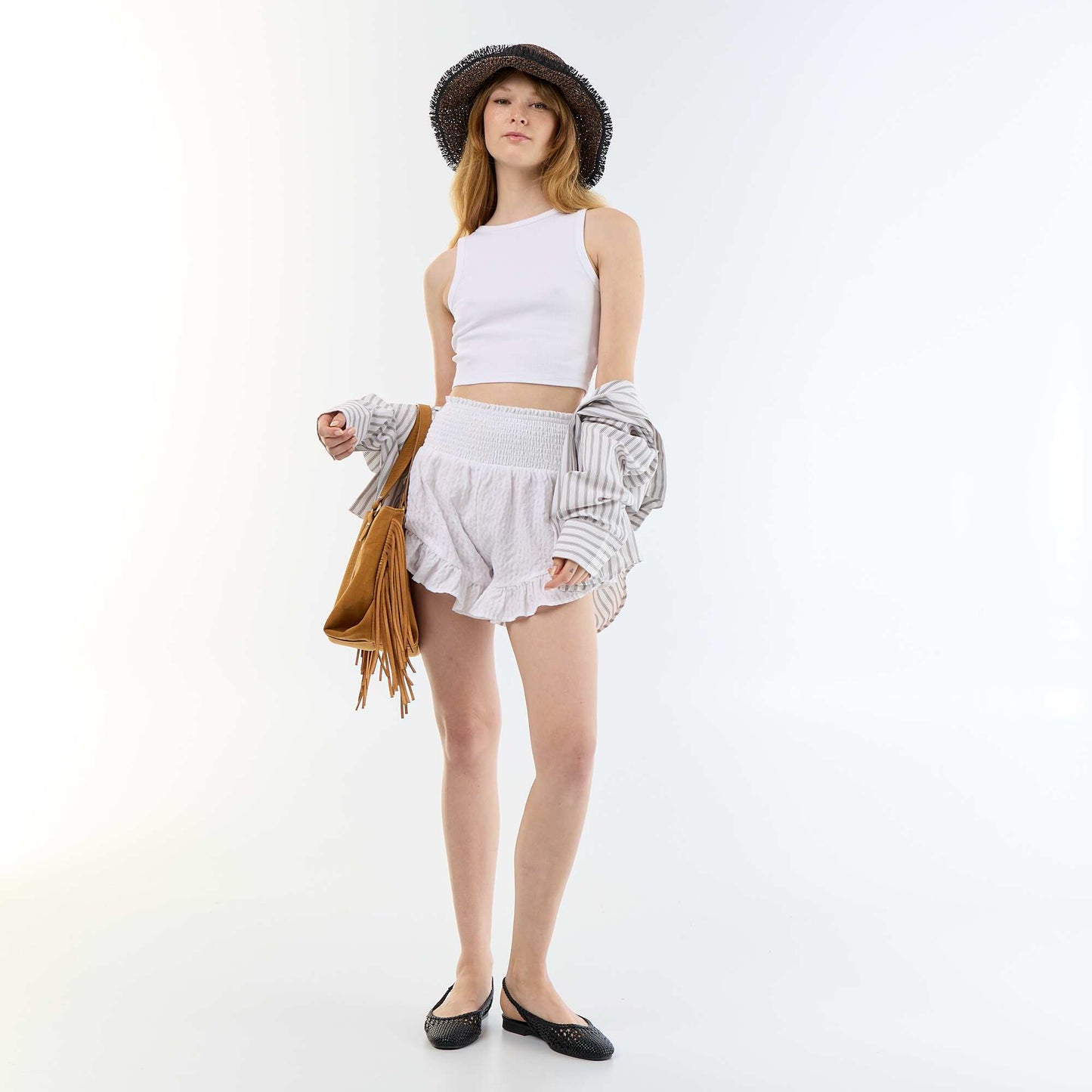 Ruffled Textured Knit Shorts WHITE