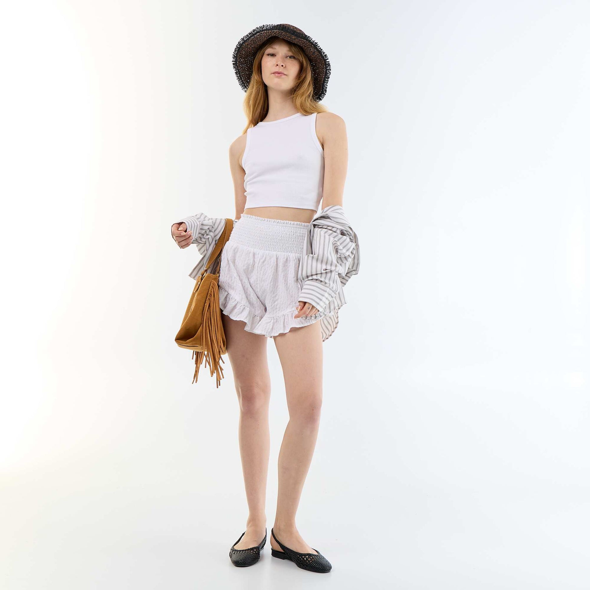 Ruffled Textured Knit Shorts WHITE