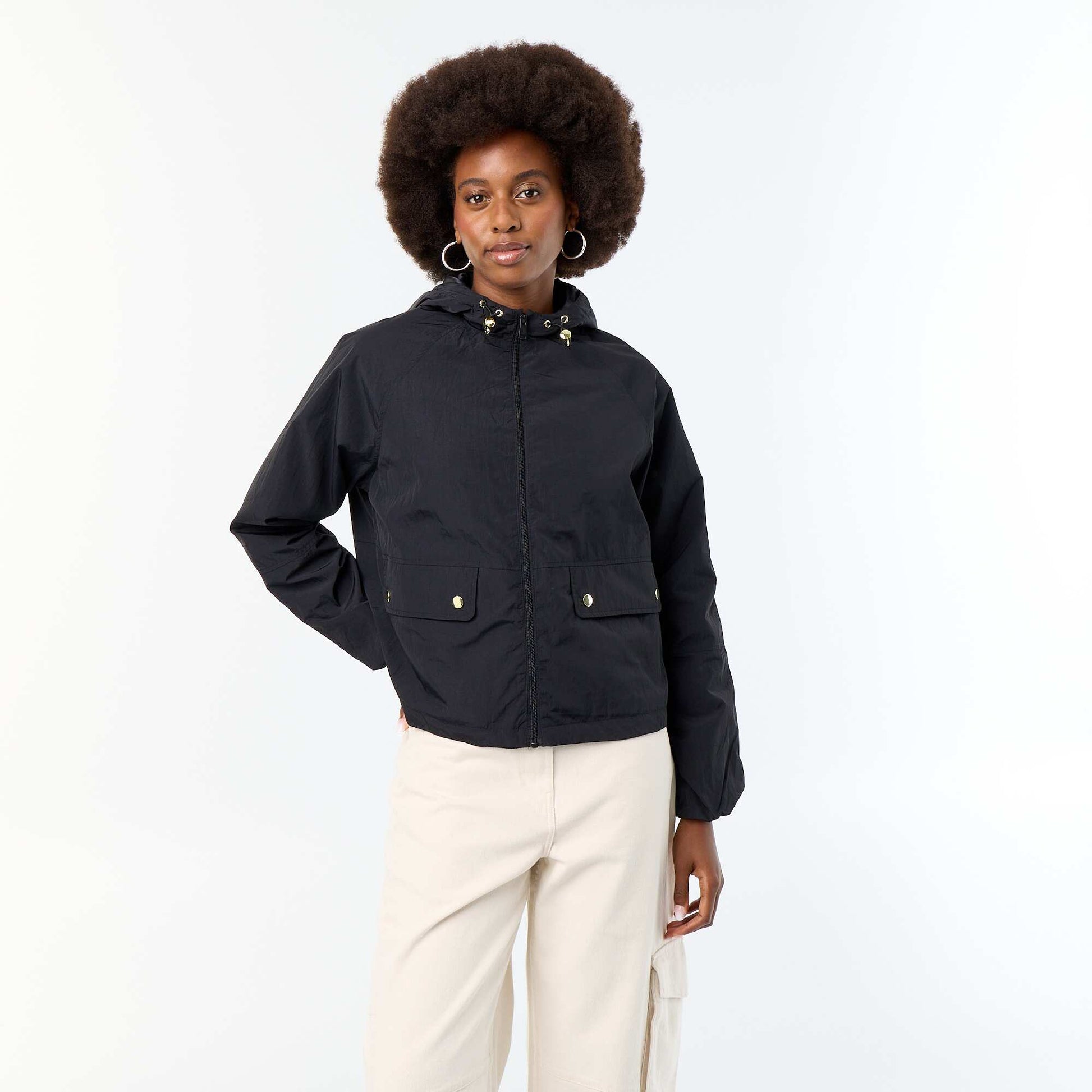 Windbreaker jacket with hood and flap pockets BLACK